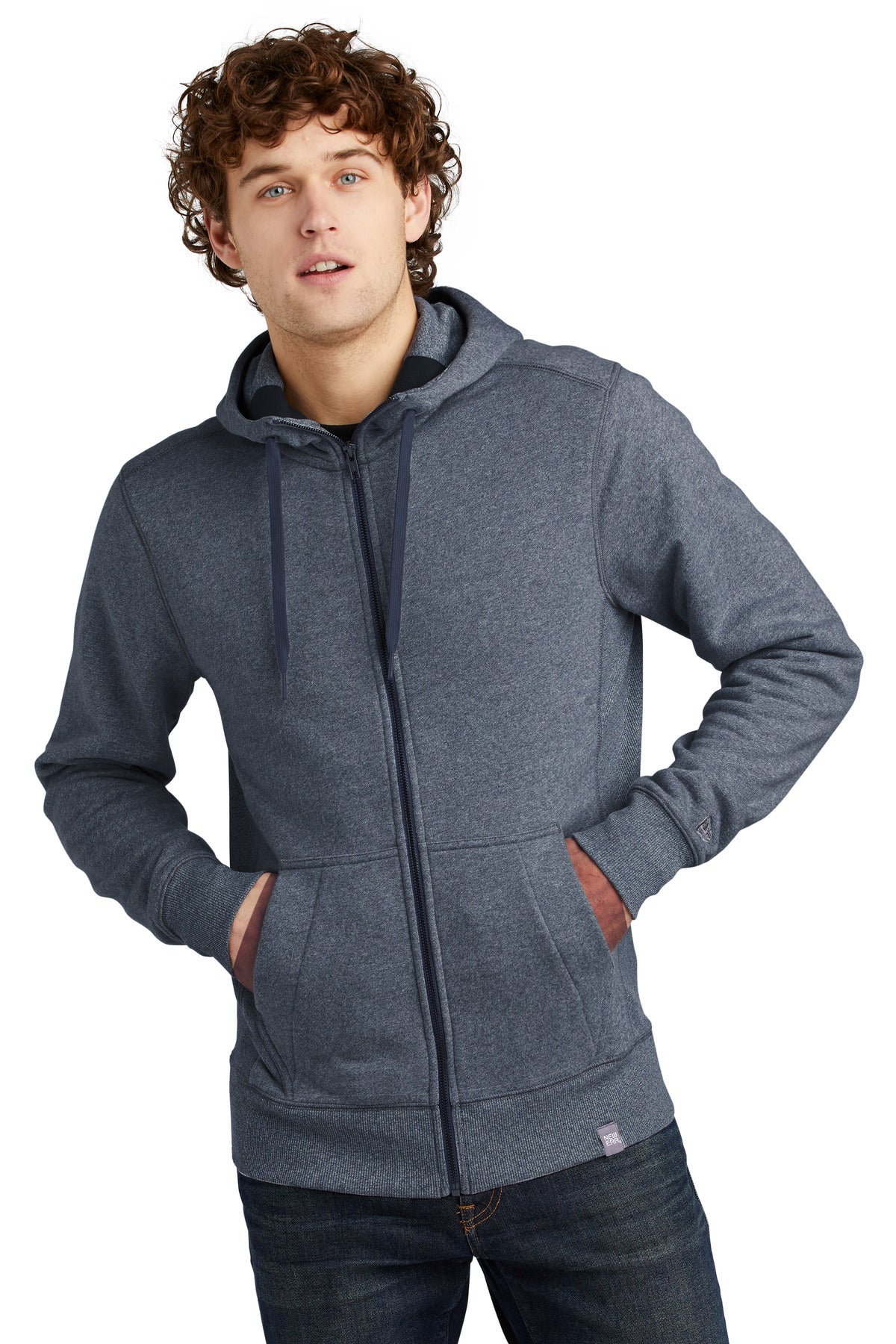 Front View of True Navy Twst New Era French Terry Full-Zip Hoodie. NEA502