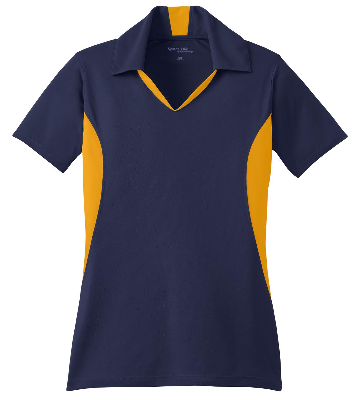 Front View of True Navy/Gold Sport-Tek Women's Side Blocked Micropique Sport-Wick Polo. LST655