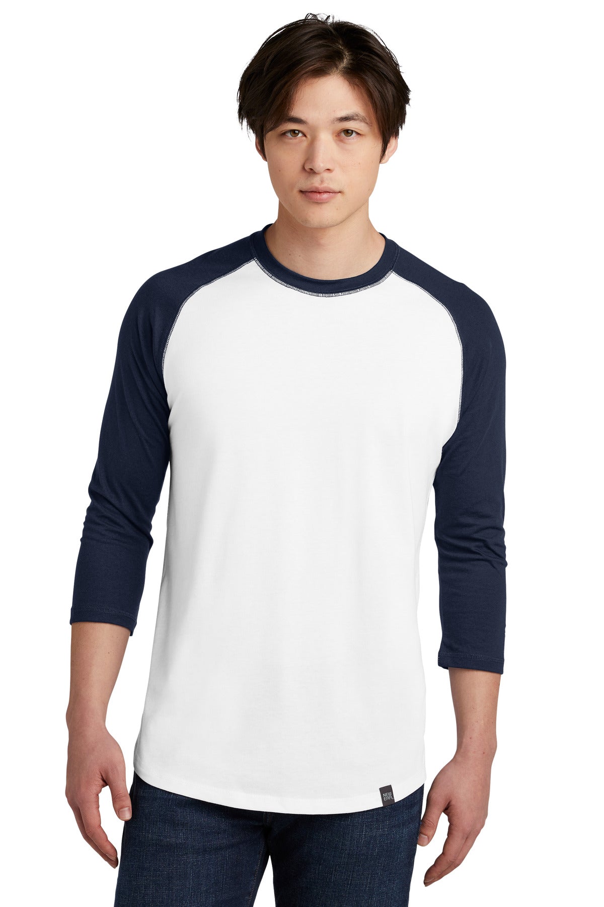 Front View of True Navy/Wht New Era Heritage Blend 3/4-Sleeve Baseball Raglan Tee. NEA104
