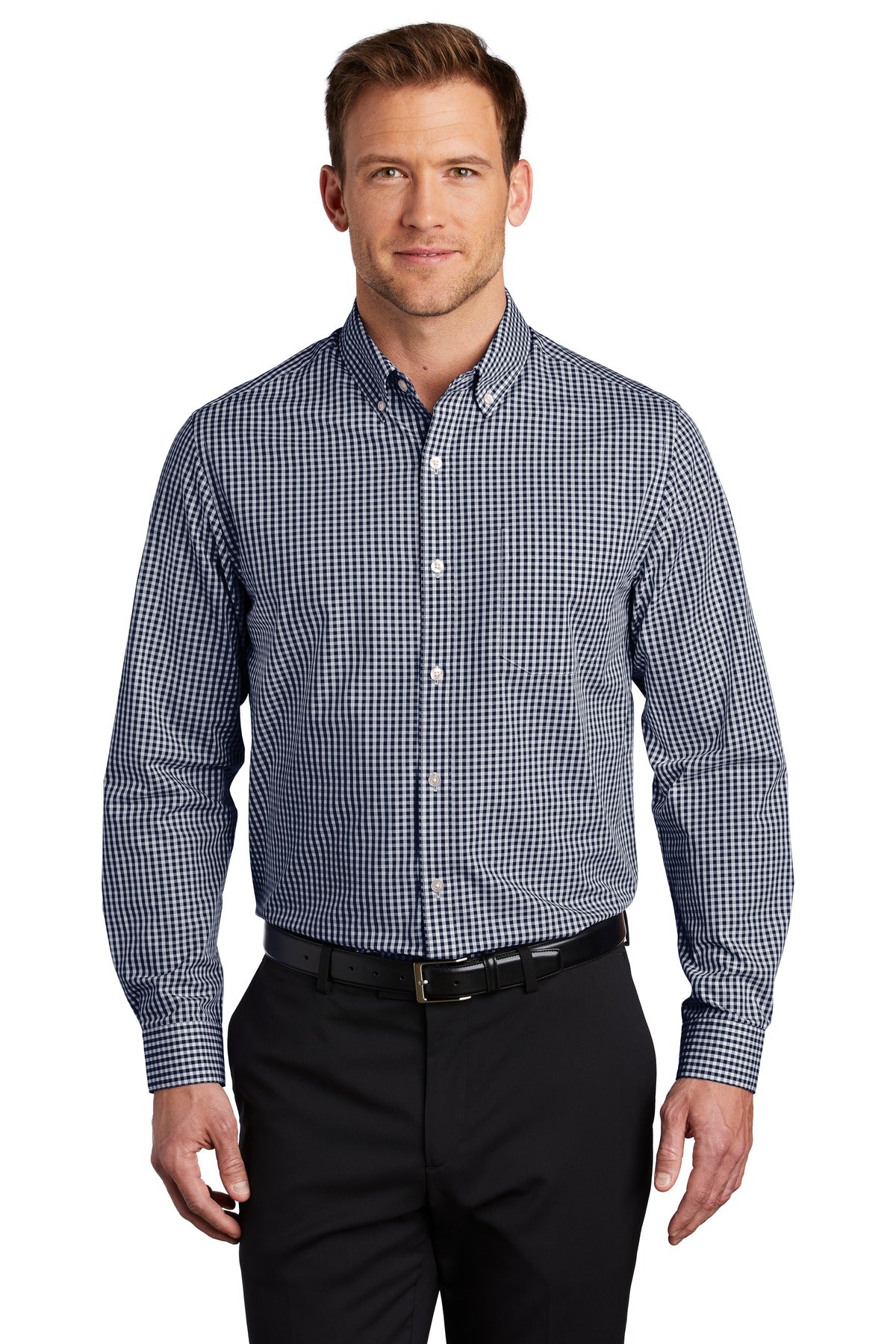 Front View of True Navy/Wht Port Authority Broadcloth Gingham Easy Care Shirt W644