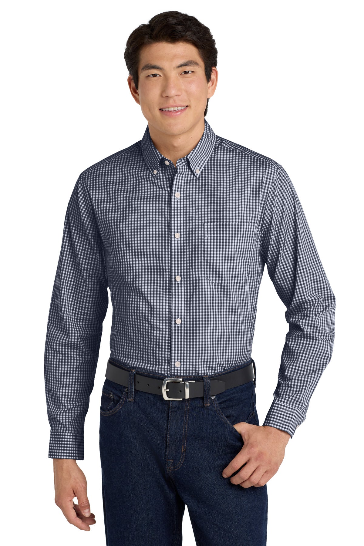 Front View of True Navy/Wht Port Authority Broadcloth Gingham Easy Care Shirt W644