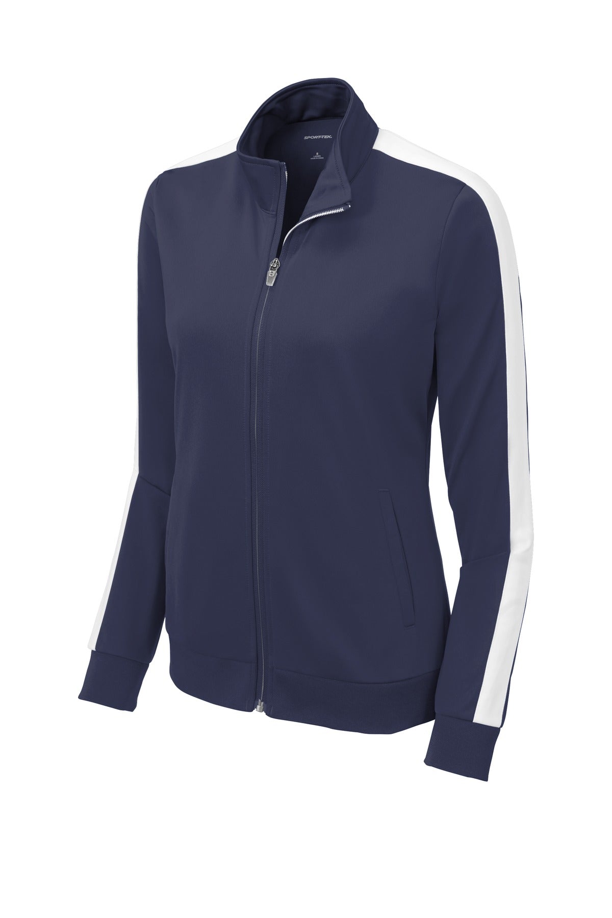 Front View of True Navy/Wht Sport-Tek Ladies Tricot Sleeve Stripe Track Jacket. LST94
