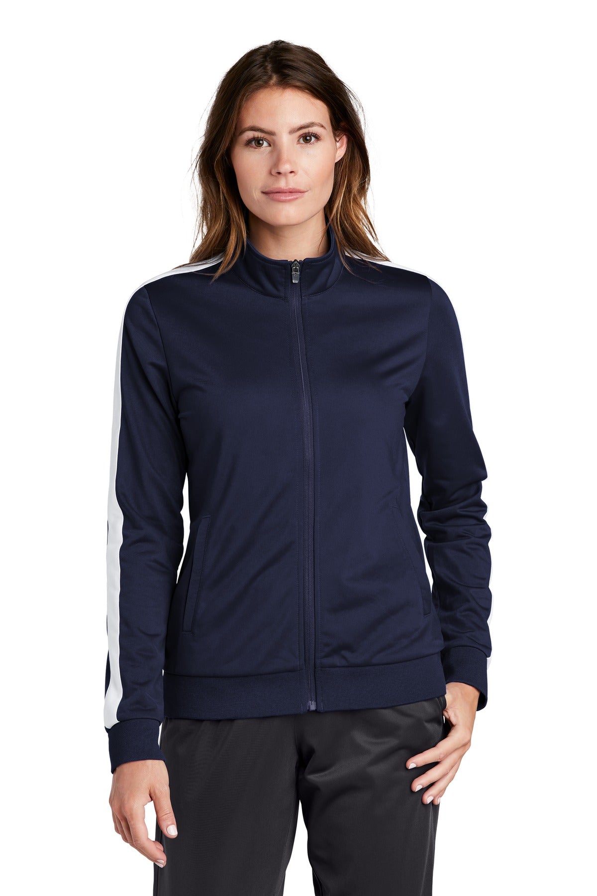 Front View of True Navy/Wht Sport-Tek Ladies Tricot Sleeve Stripe Track Jacket. LST94