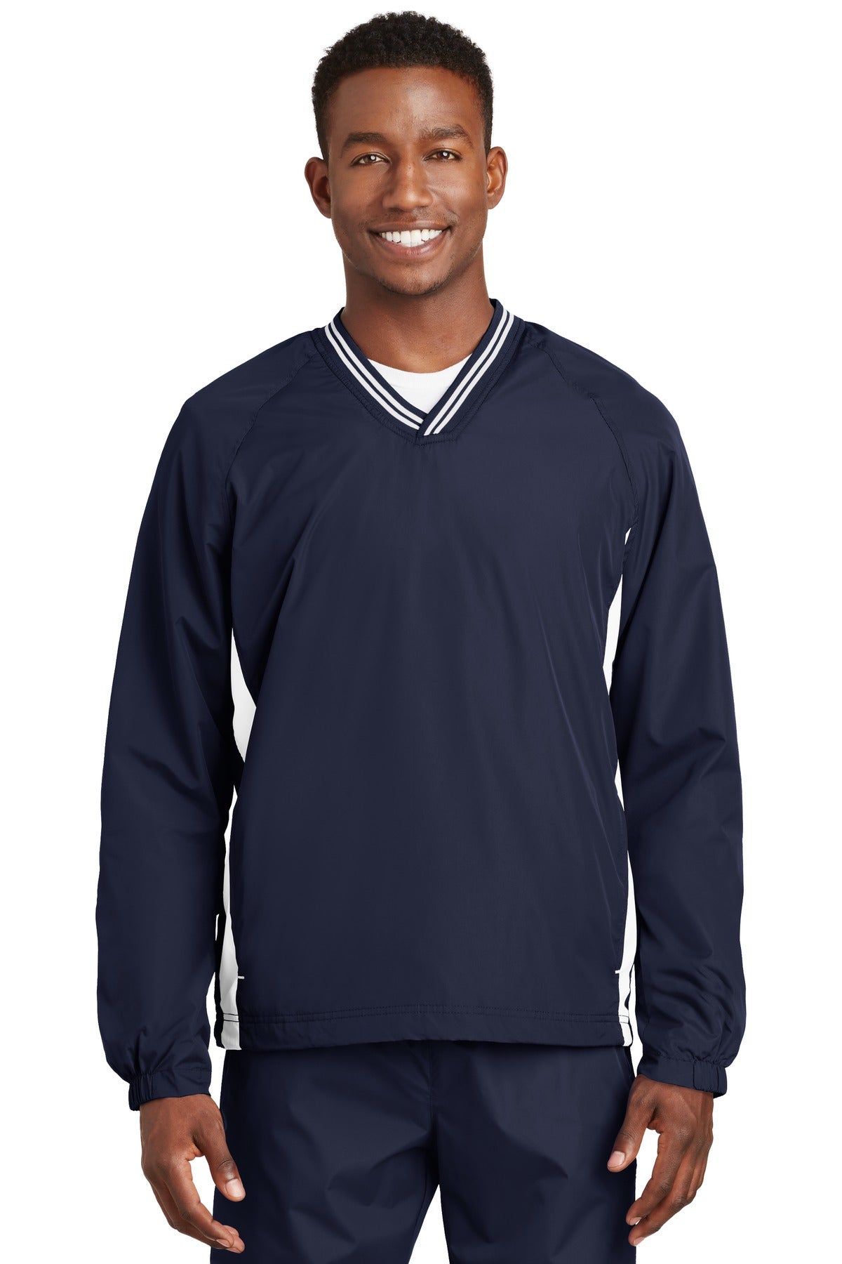 Front View of True Navy/Wht Sport-Tek Tipped V-Neck Raglan Wind Shirt. JST62