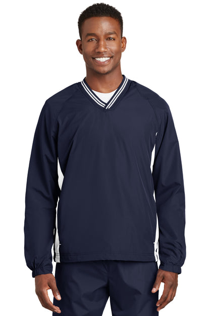 Front View of True Navy/Wht Sport-Tek Tipped V-Neck Raglan Wind Shirt. JST62