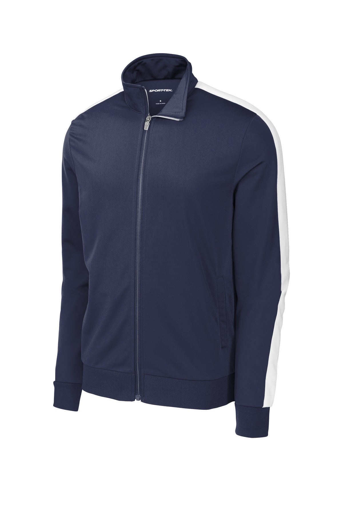 Front View of True Navy/Wht Sport-Tek Tricot Sleeve Stripe Track Jacket. JST94