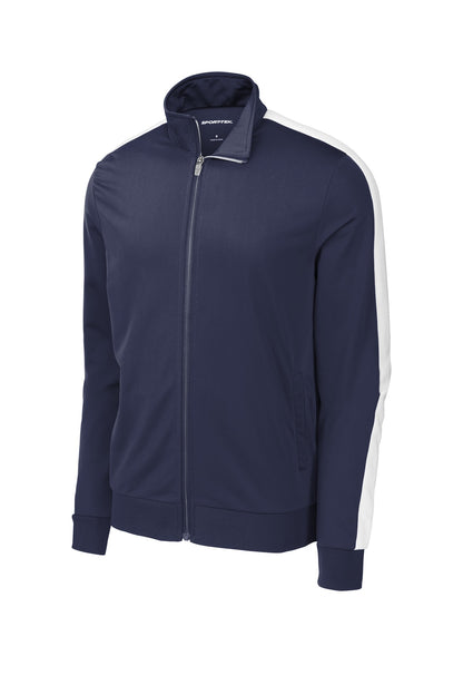 Front View of True Navy/Wht Sport-Tek Tricot Sleeve Stripe Track Jacket. JST94