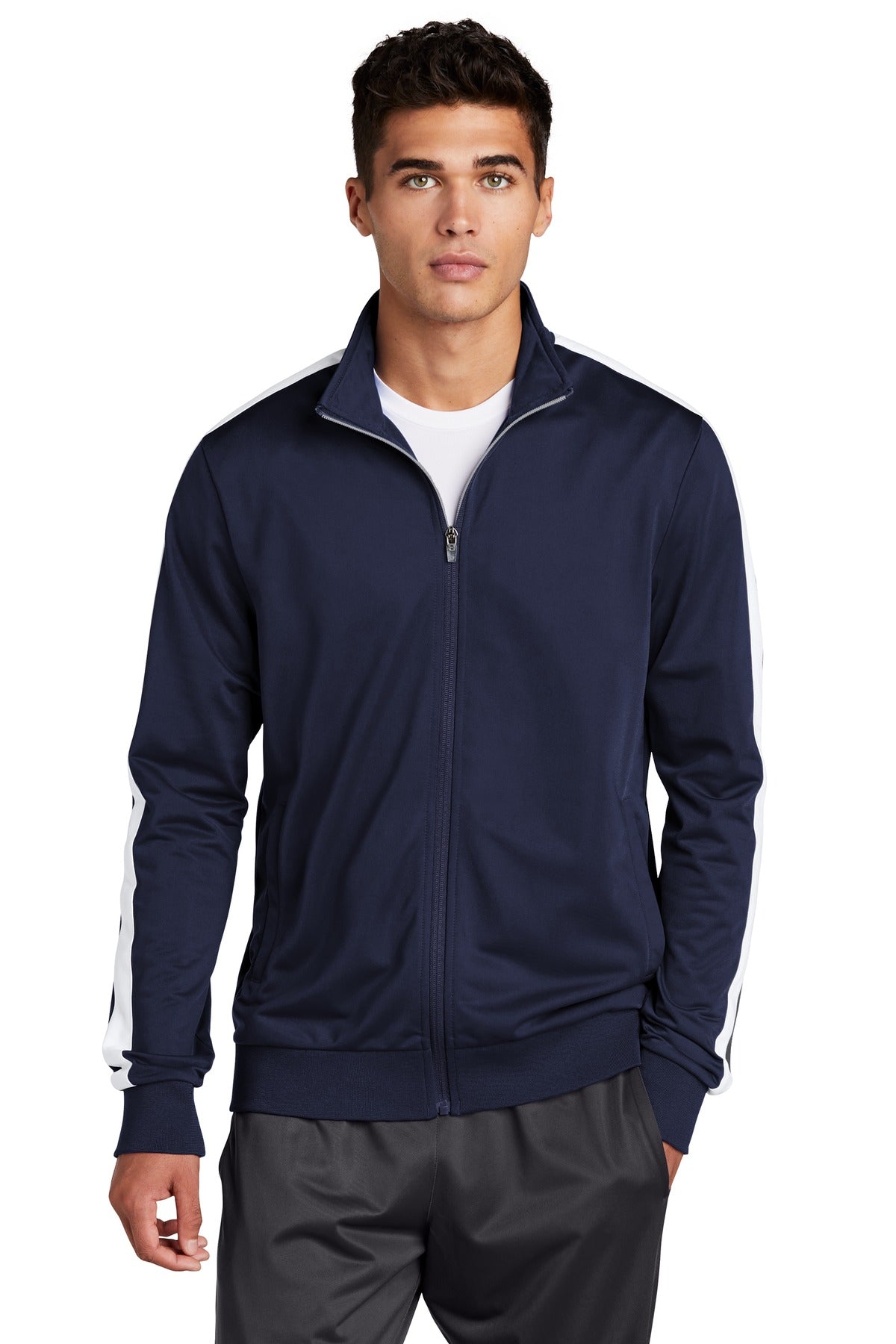 Front View of True Navy/Wht Sport-Tek Tricot Sleeve Stripe Track Jacket. JST94