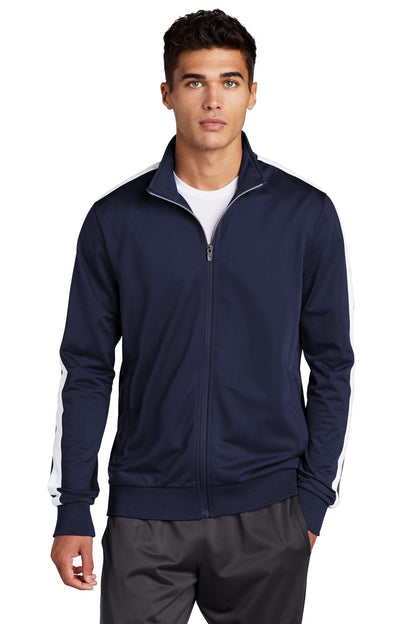 Front View of True Navy/Wht Sport-Tek Tricot Sleeve Stripe Track Jacket. JST94