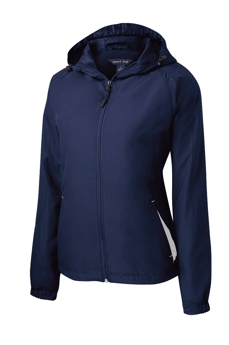 Front View of True Navy/Wht Sport-Tek Women's Colorblock Hooded Raglan Jacket. LST76