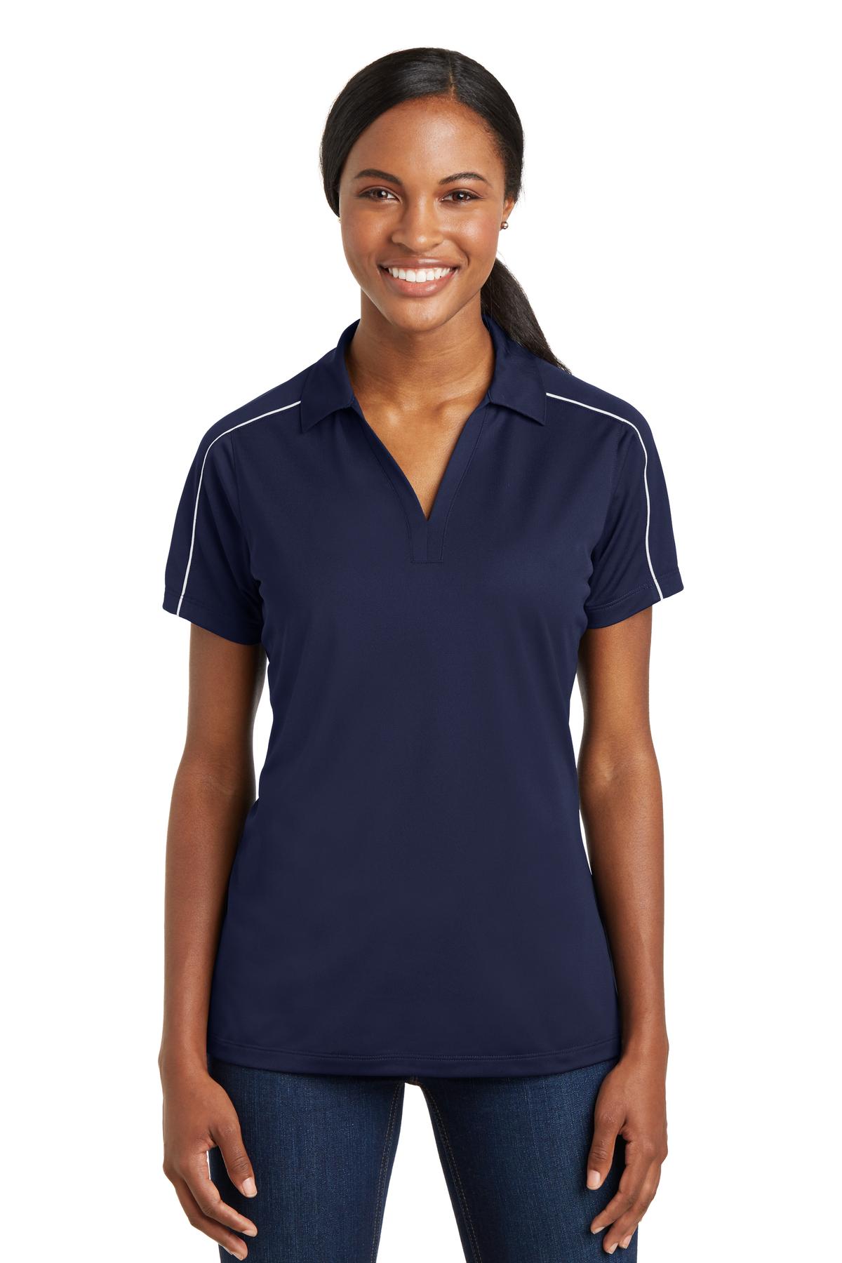 Front View of True Navy/Wht Sport-Tek Women's Micropique Sport-Wick Piped Polo. LST653