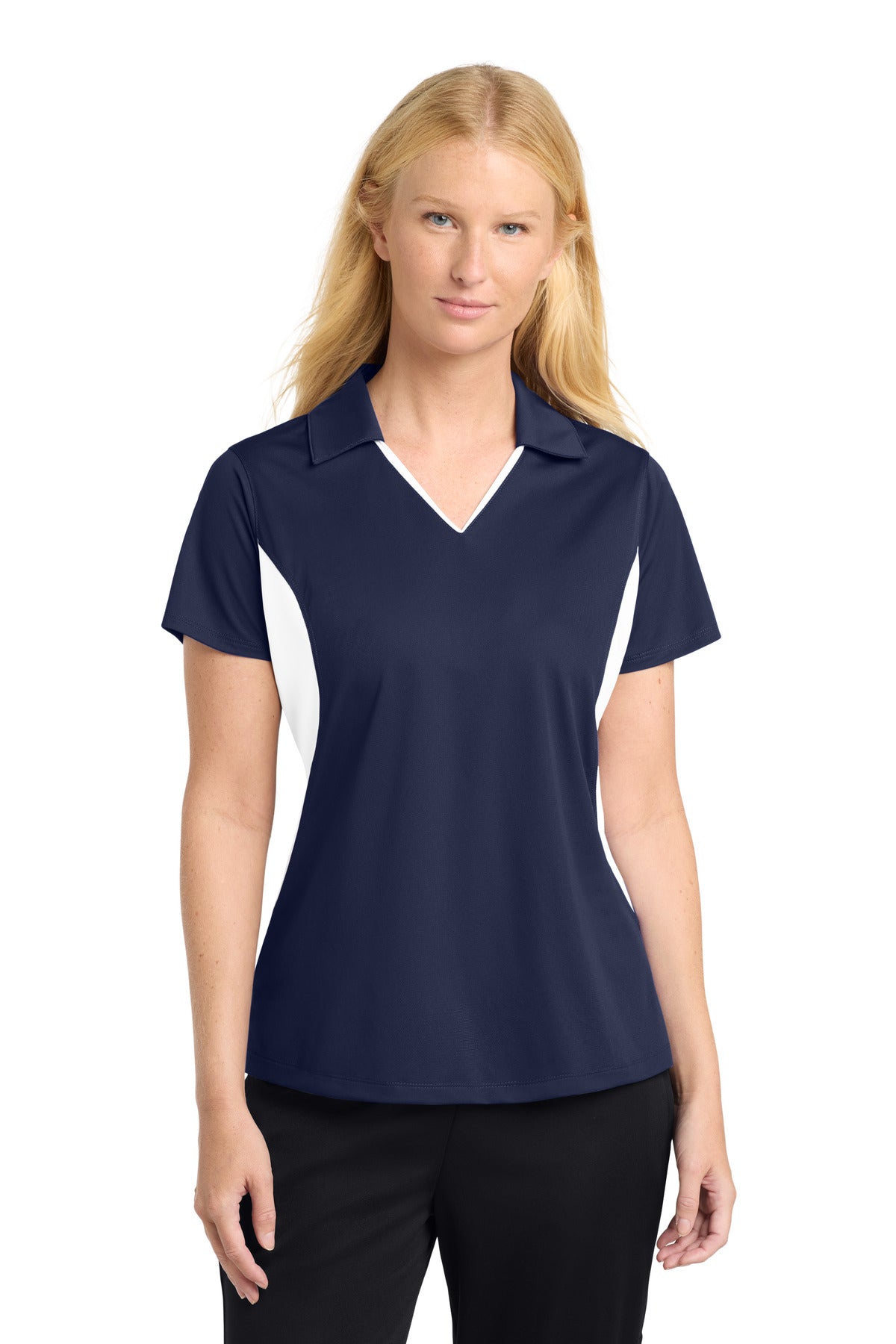 Front View of True Navy/Wht Sport-Tek Women's Side Blocked Micropique Sport-Wick Polo. LST655
