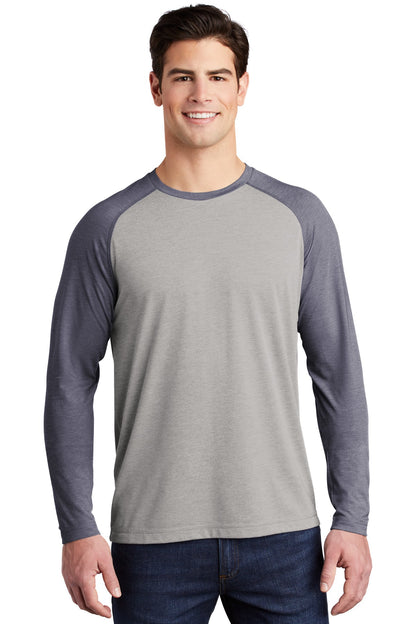 Front View of True Nvy H/LGH Sport-Tek PosiCharge Long Sleeve Tri-Blend Wicking Raglan Tee ST400LS
