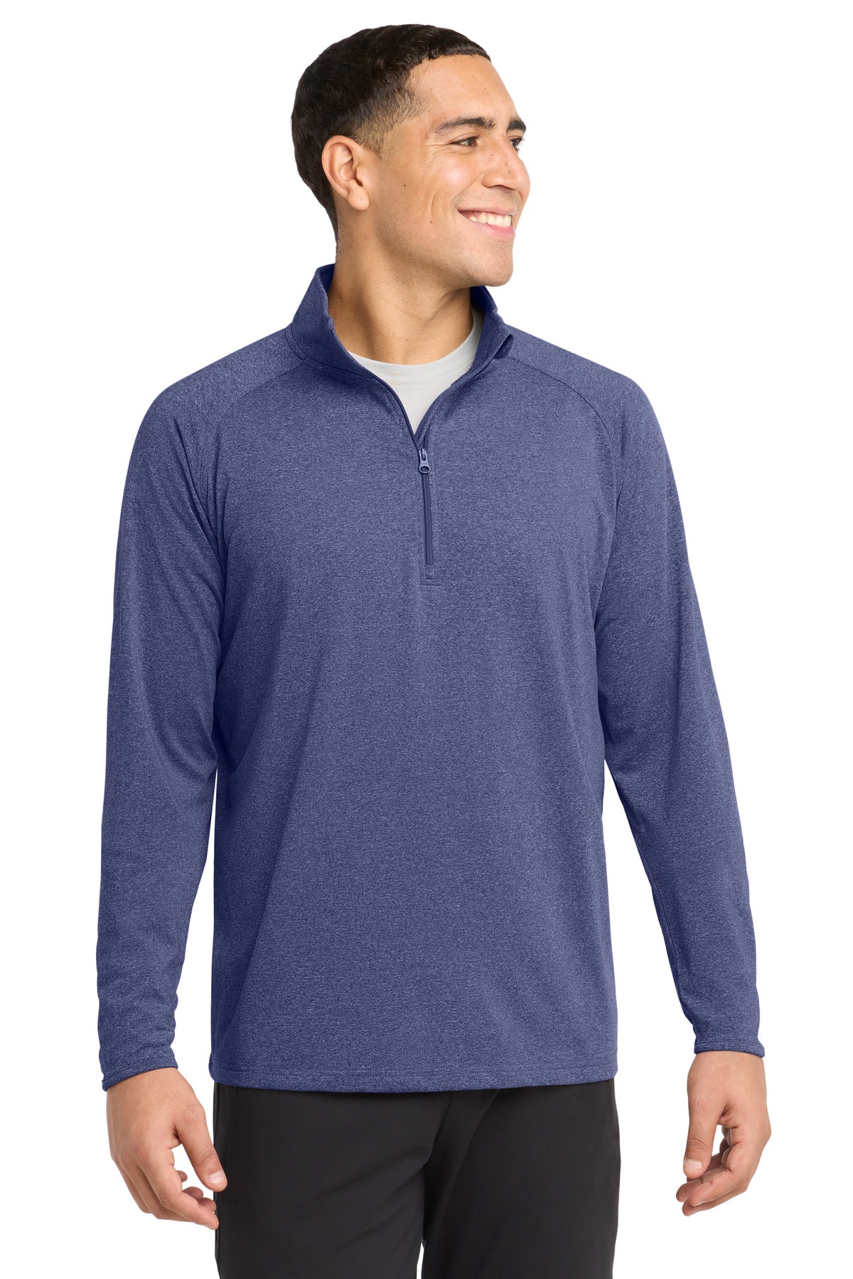 Front View of True Nvy Hthr Sport-Tek Sport-Wick Stretch 1/4-Zip Pullover. ST850