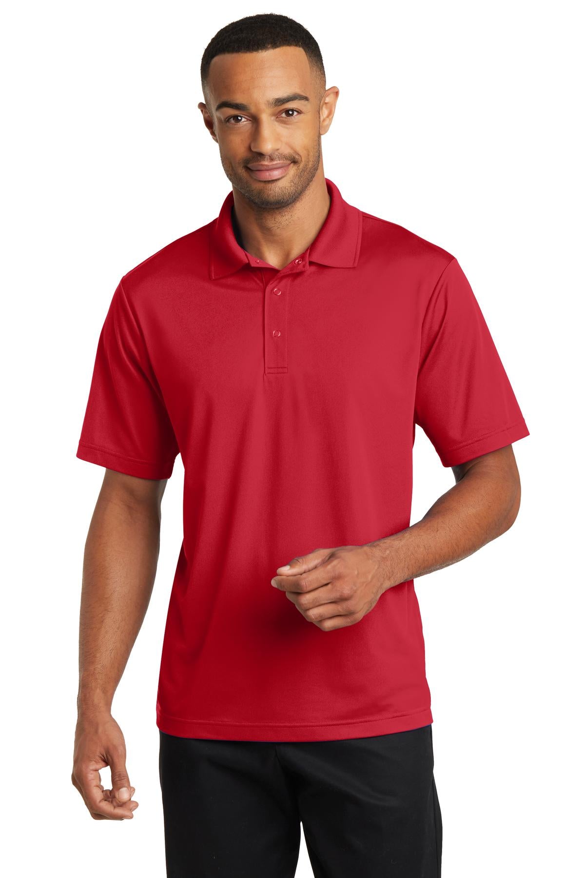 Front View of True Red CornerStone Micropique Gripper Polo. CS421