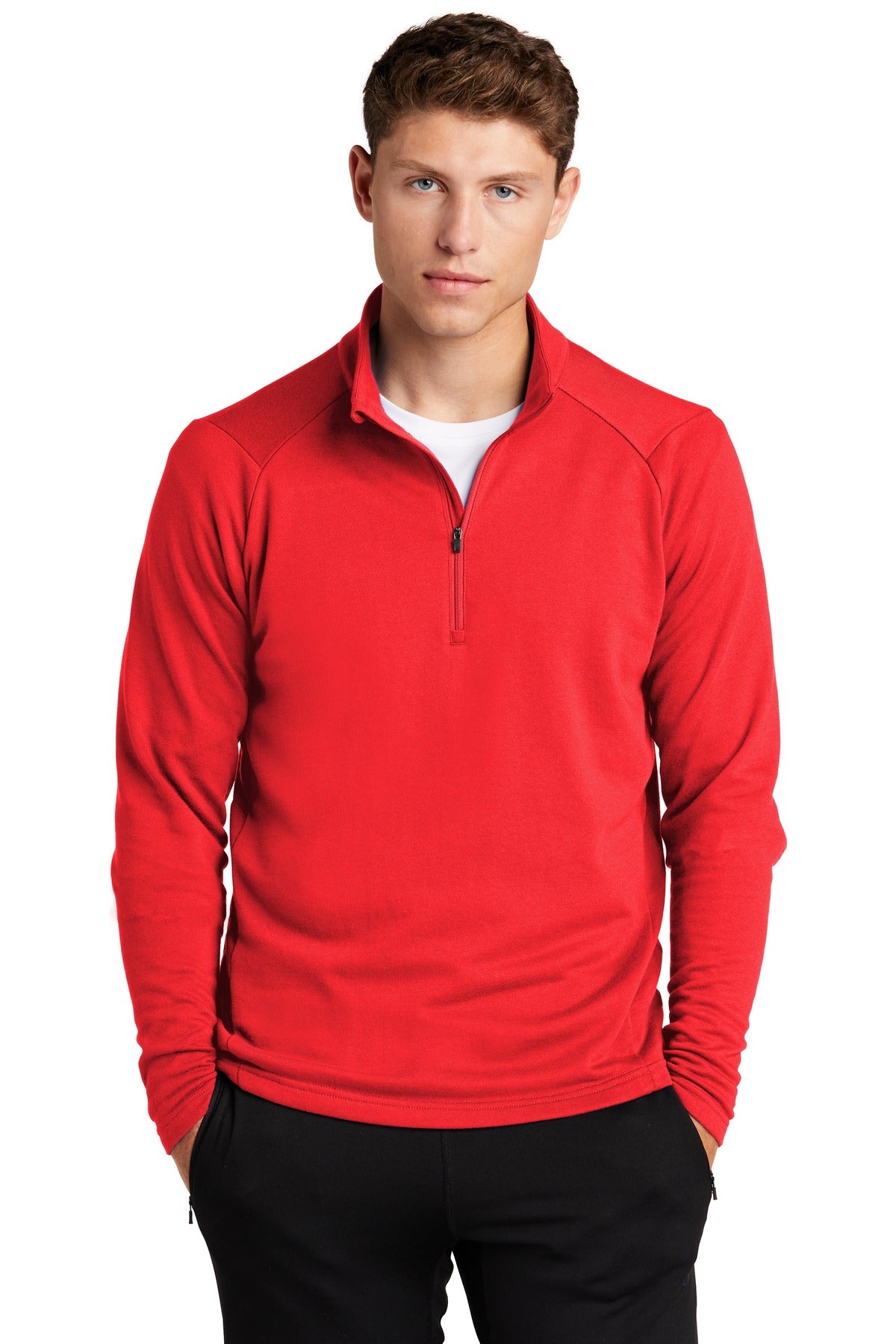 Front View of True Red Sport-Tek Lightweight French Terry 1/4-Zip Pullover. ST273