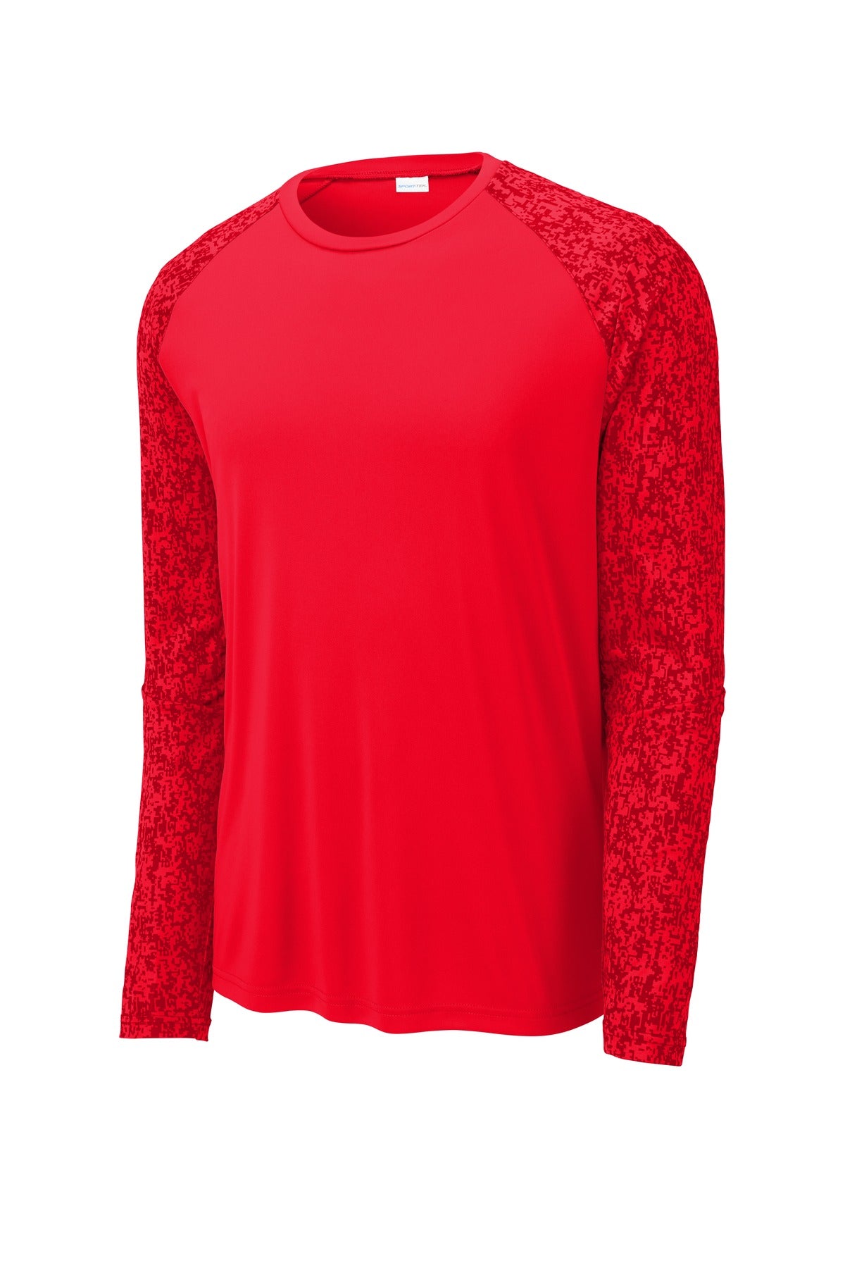 Front View of True Red Sport-Tek Long Sleeve Digi Camo Tee. ST460LS
