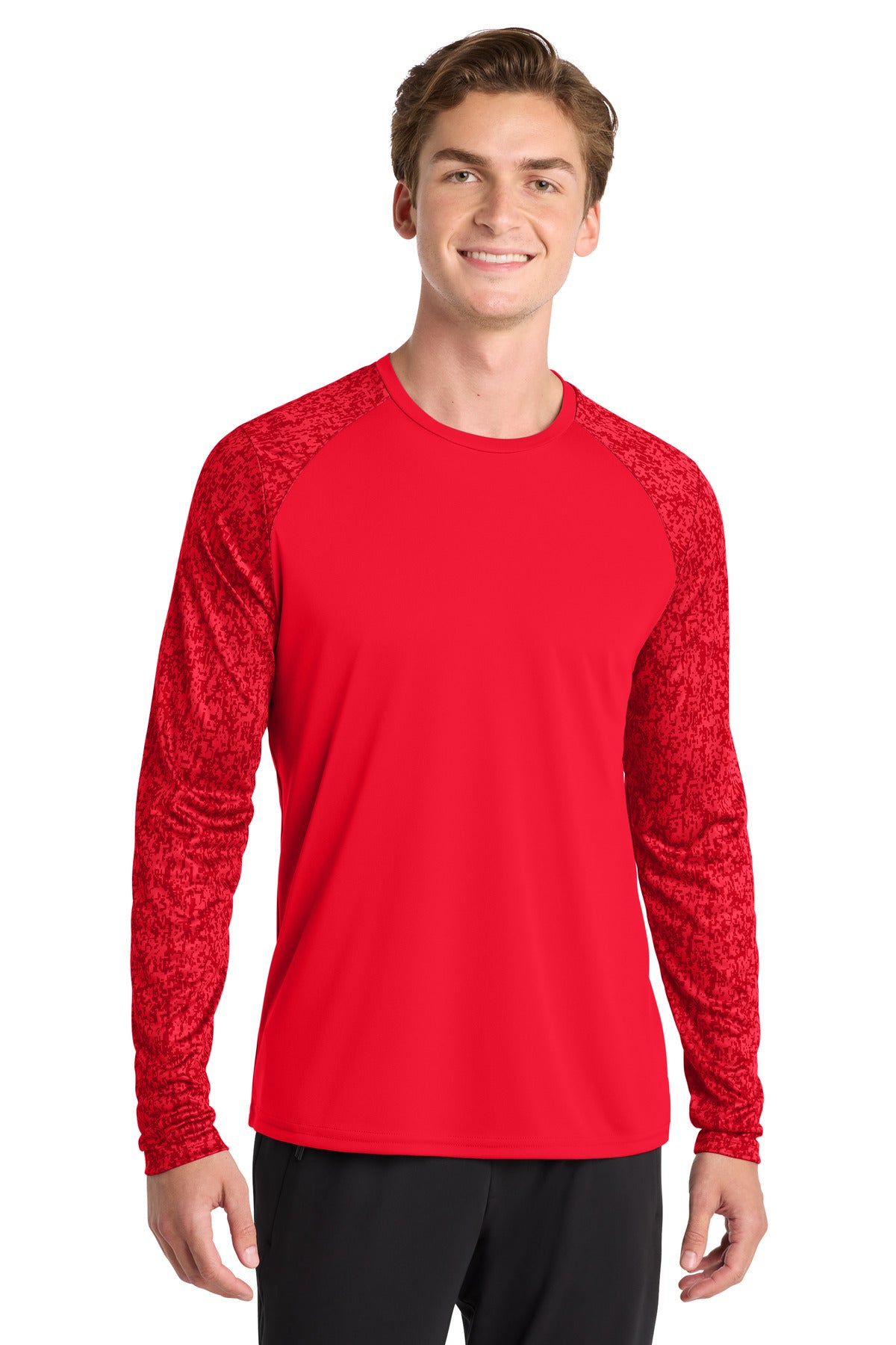 Front View of True Red Sport-Tek Long Sleeve Digi Camo Tee. ST460LS