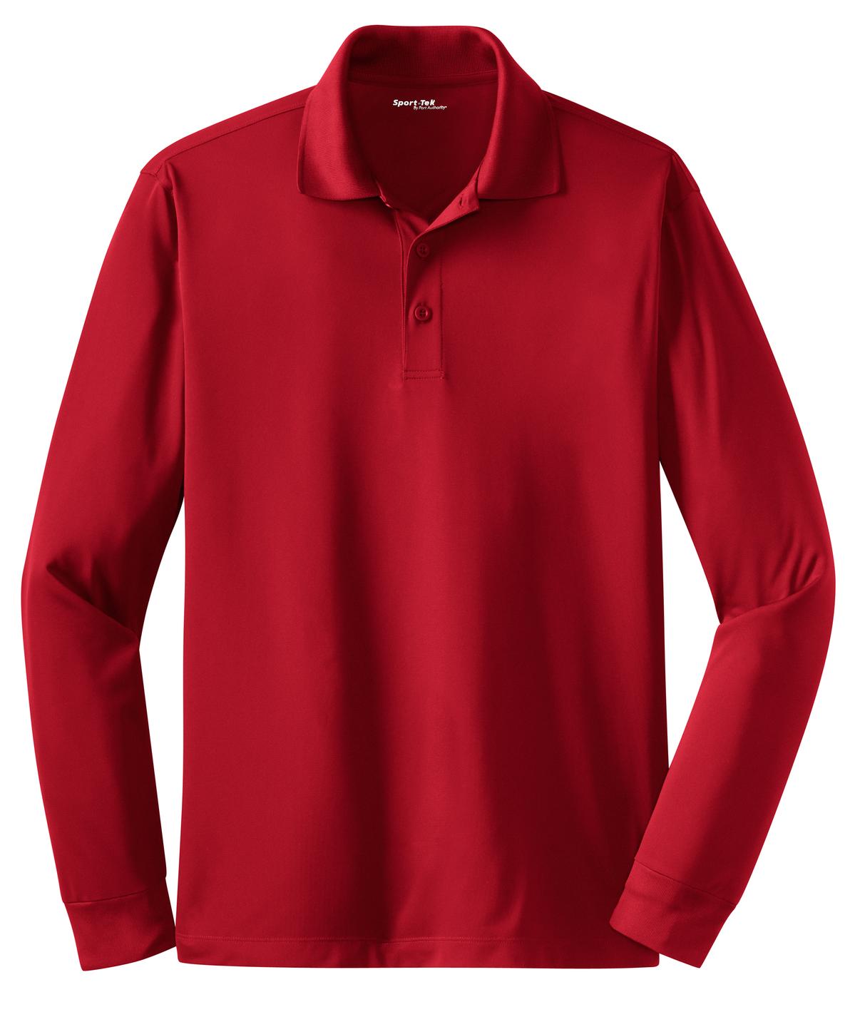 Front View of True Red Sport-Tek Long Sleeve Micropique Sport-Wick Polo. ST657