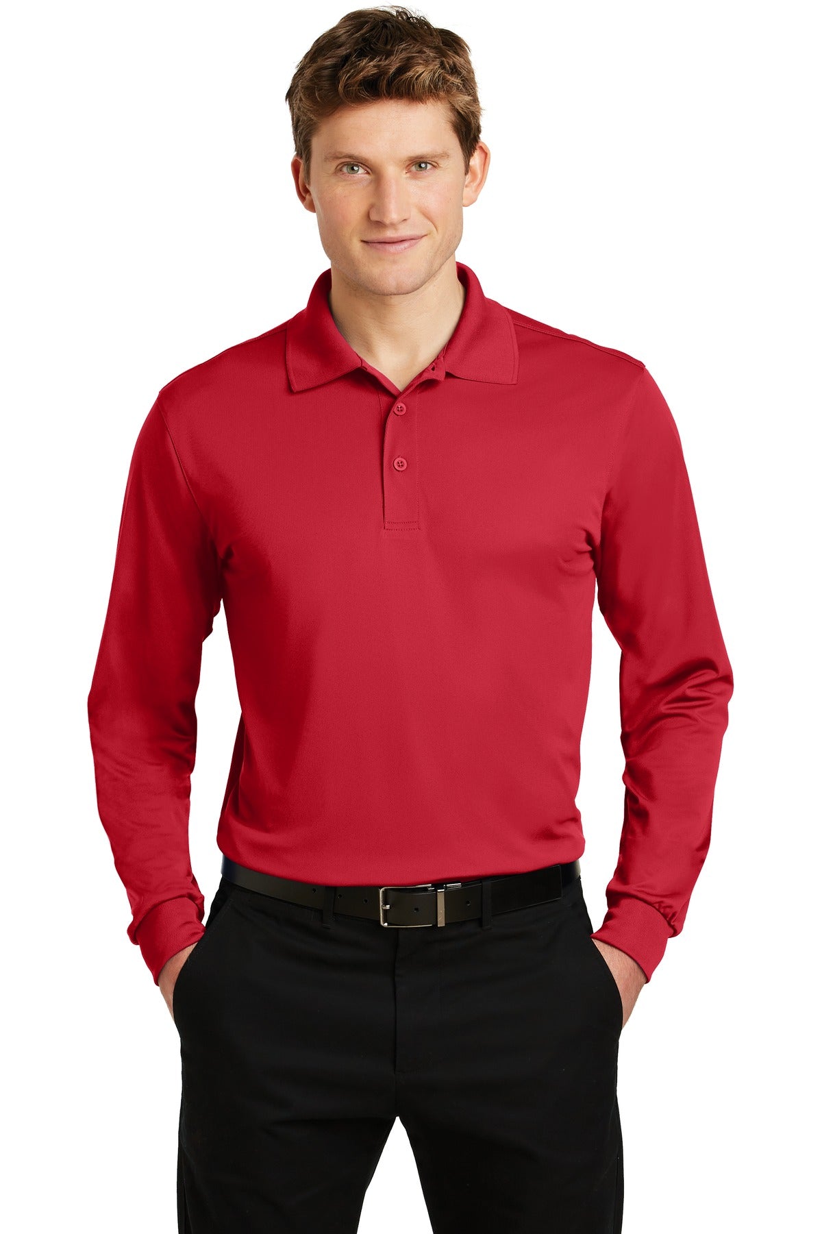 Front View of True Red Sport-Tek Long Sleeve Micropique Sport-Wick Polo. ST657