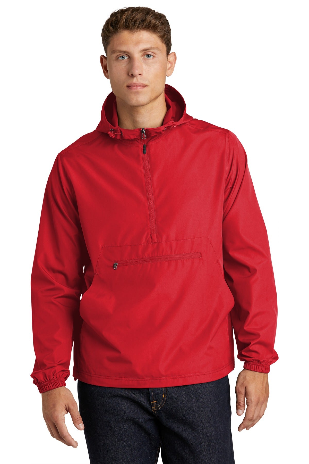 Front View of True Red Sport-Tek Packable Anorak. JST66