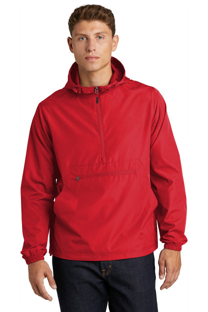 Front View of True Red Sport-Tek Packable Anorak. JST66