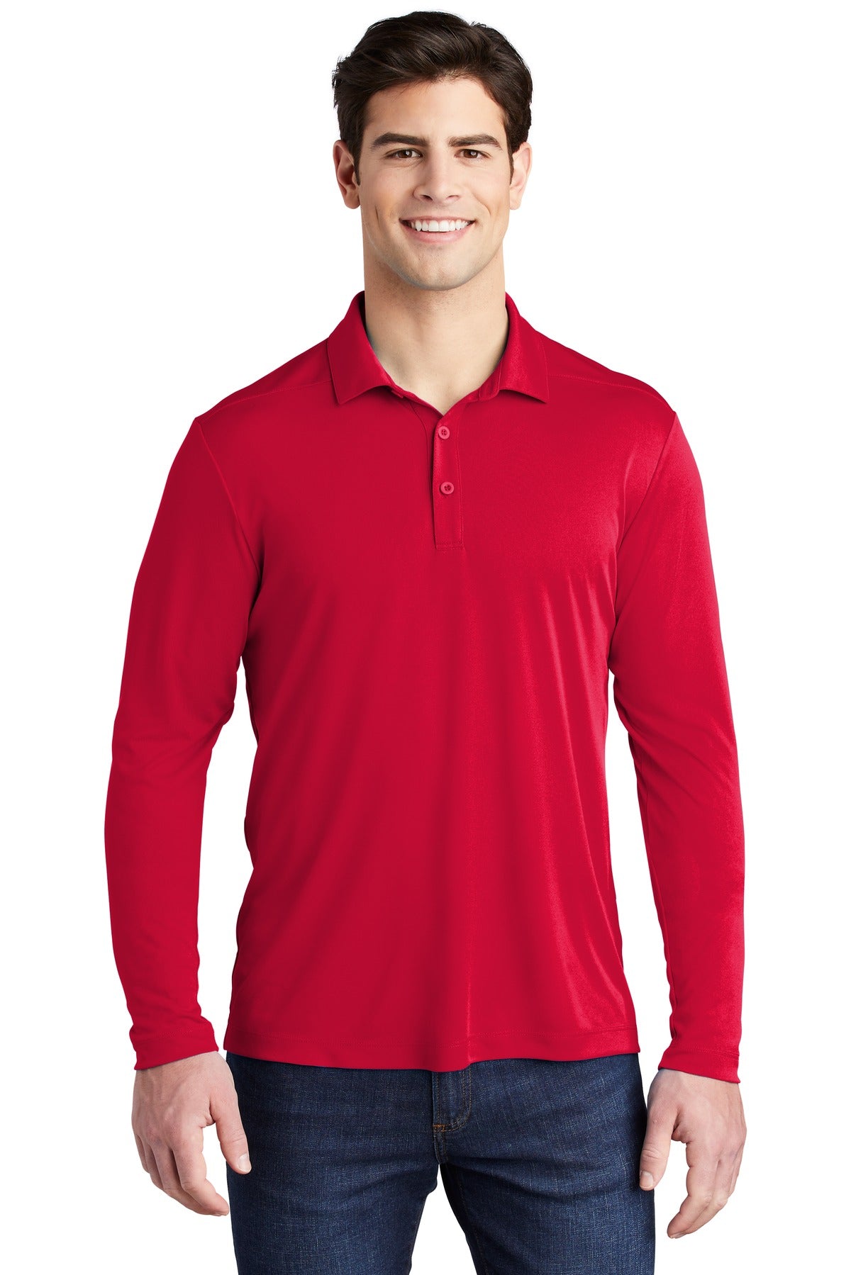 Front View of True Red Sport-Tek Posi-UV Pro Long Sleeve Polo. ST520LS
