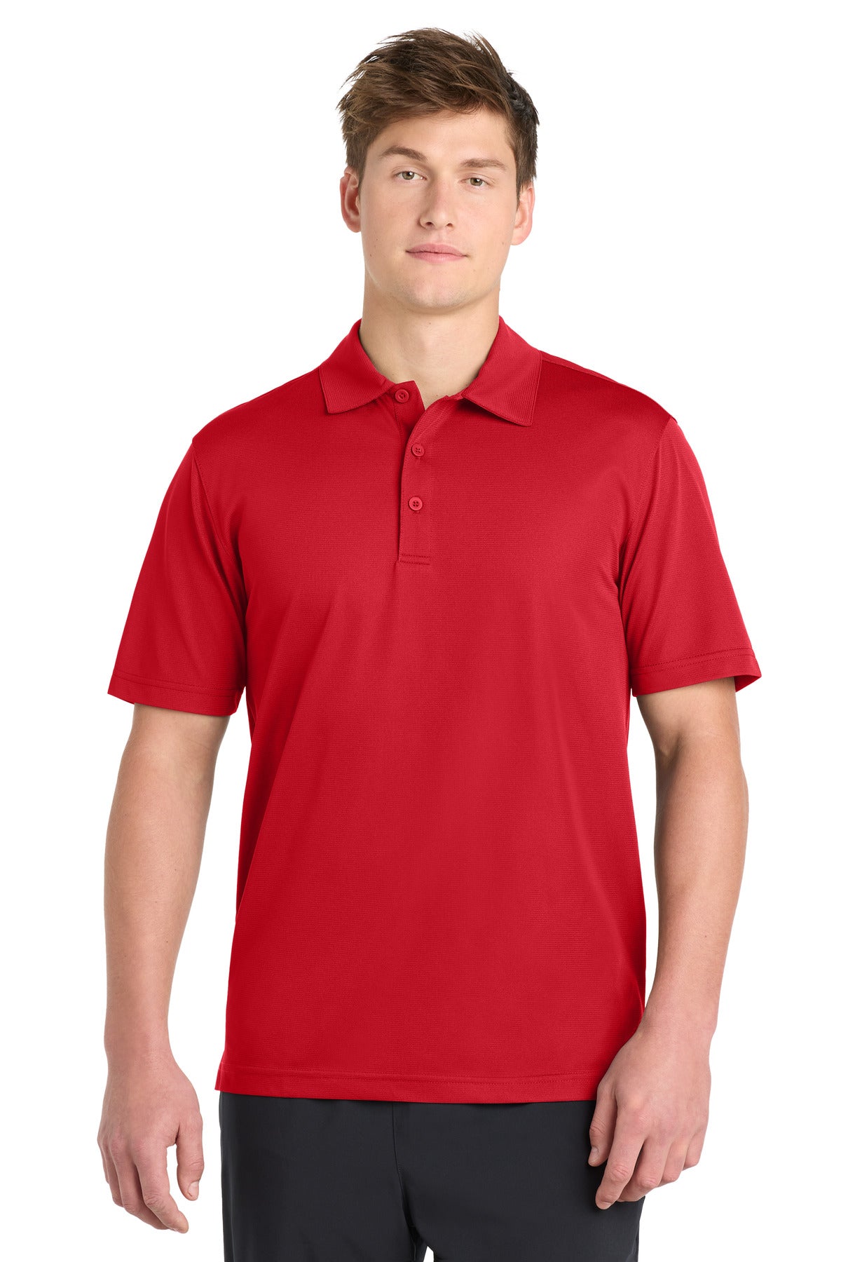 Front View of True Red Sport-Tek PosiCharge Active Textured Polo. ST690