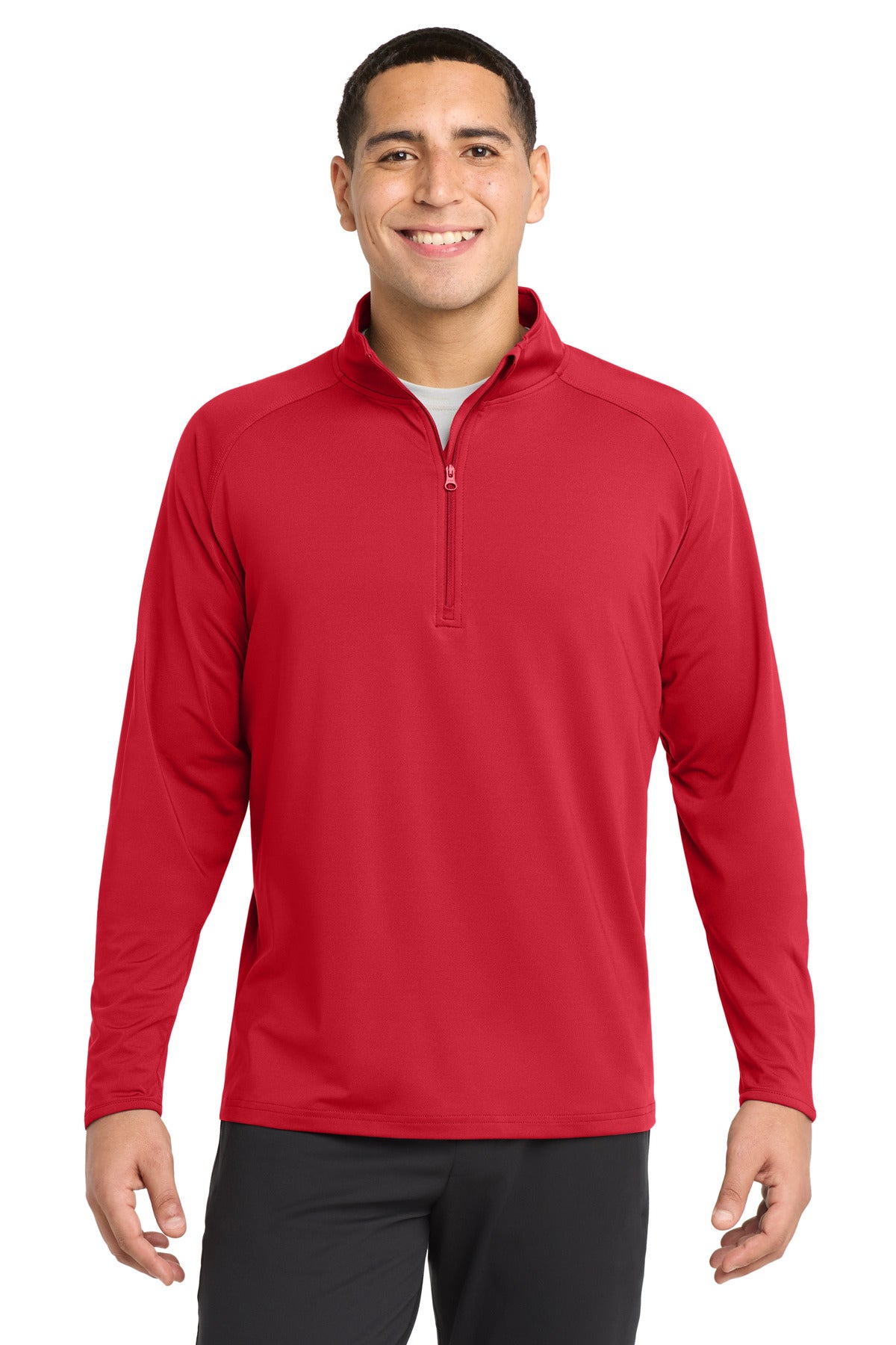 Front View of True Red Sport-Tek Sport-Wick Stretch 1/4-Zip Pullover. ST850