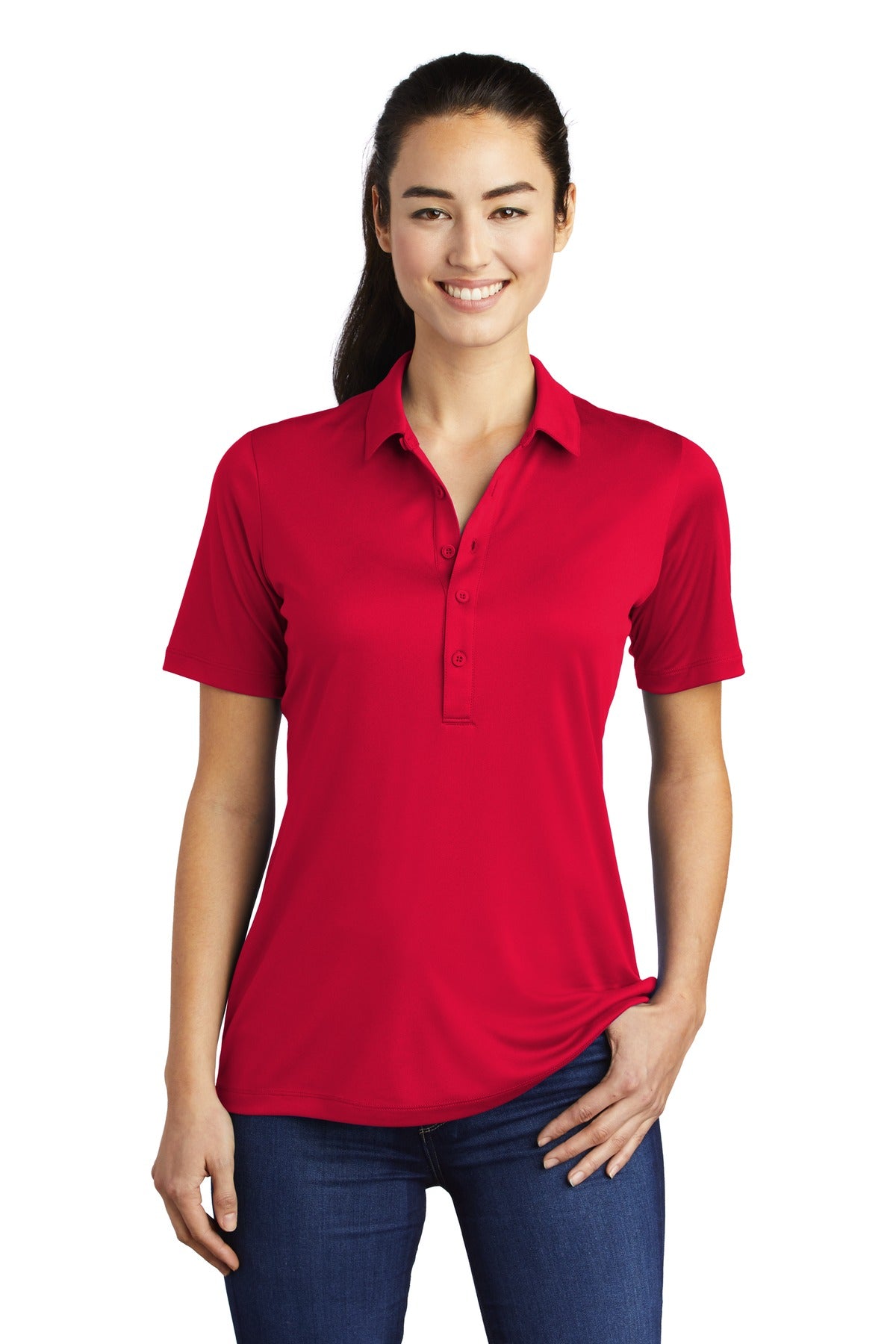 Front View of True Red Sport-Tek Women's Posi-UV Pro Polo. LST520