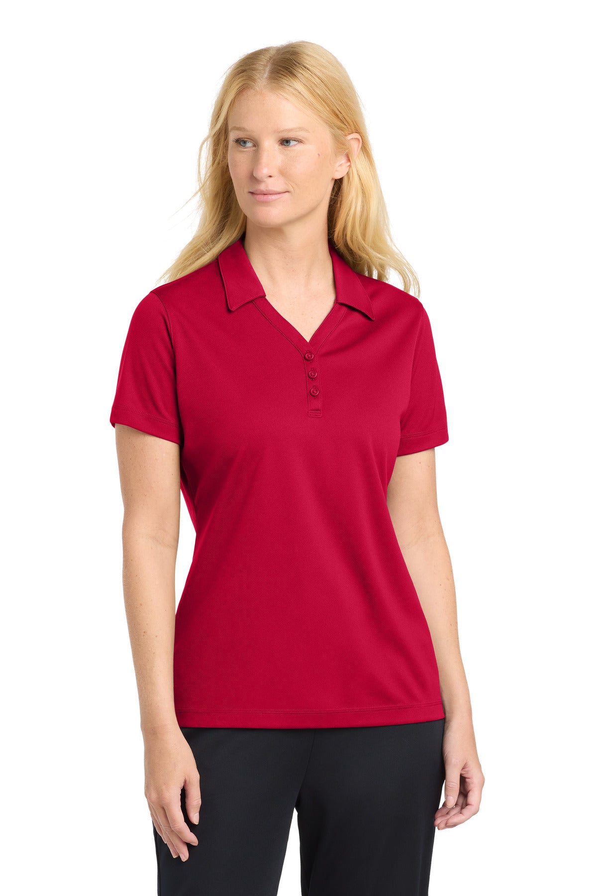 Front View of True Red Sport-Tek Women's PosiCharge Micro-Mesh Polo. LST680