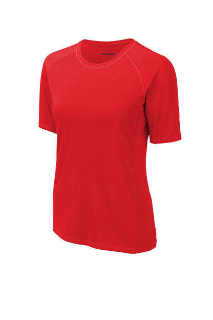 Front View of True Red Sport-Tek Women's Rashguard Tee. LST470