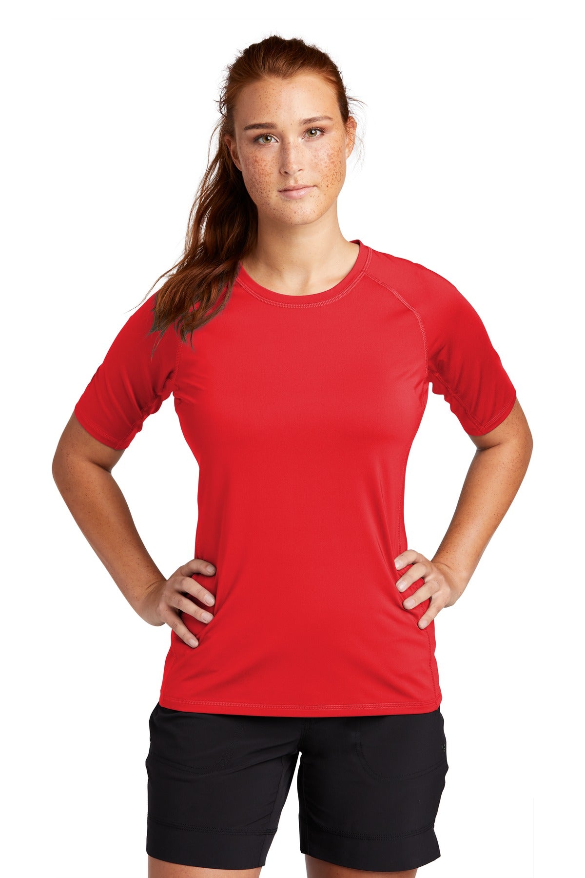 Front View of True Red Sport-Tek Women's Rashguard Tee. LST470