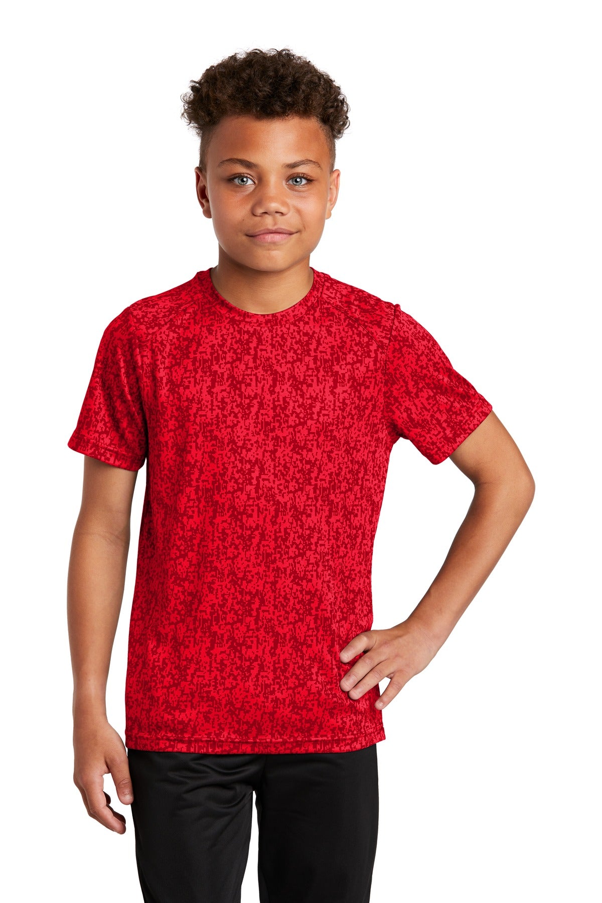 Front View of True Red Sport-Tek Youth Digi Camo Tee. YST460