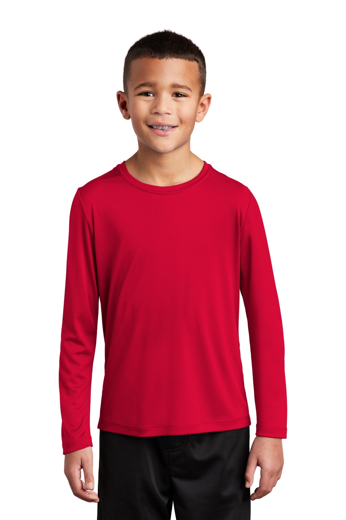 Front View of True Red Sport-Tek Youth Posi-UV Pro Long Sleeve Tee. YST420LS