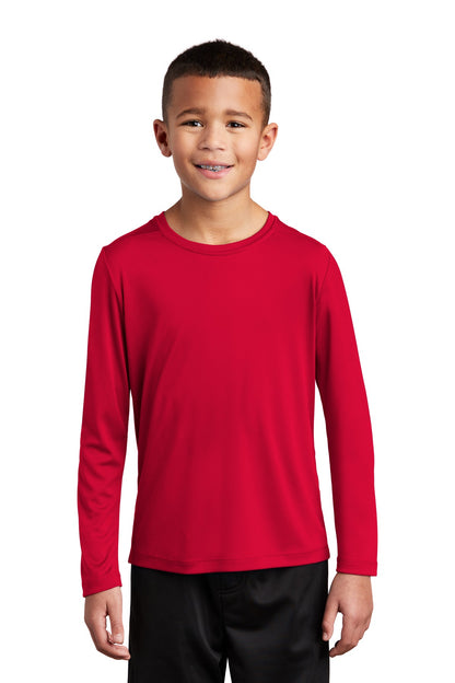 Front View of True Red Sport-Tek Youth Posi-UV Pro Long Sleeve Tee. YST420LS