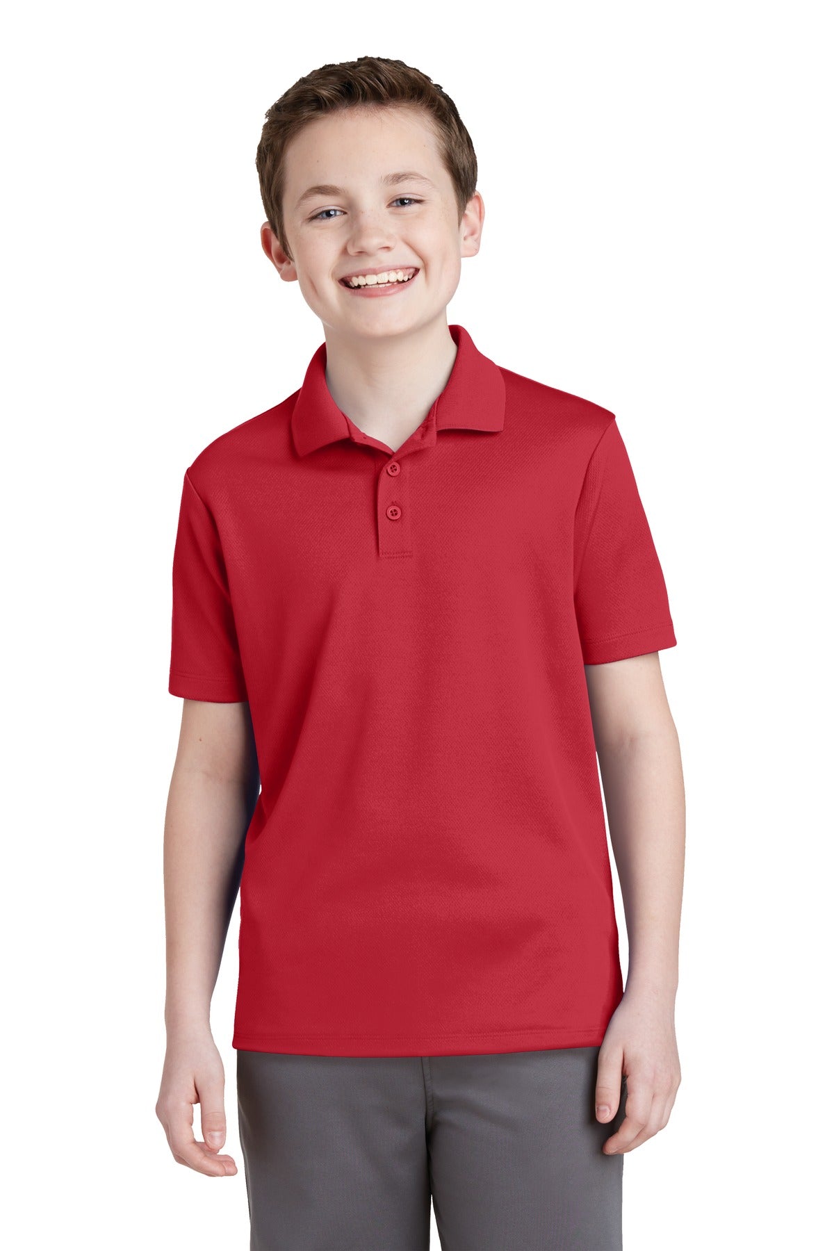 Front View of True Red Sport-Tek Youth PosiCharge RacerMesh Polo. YST640