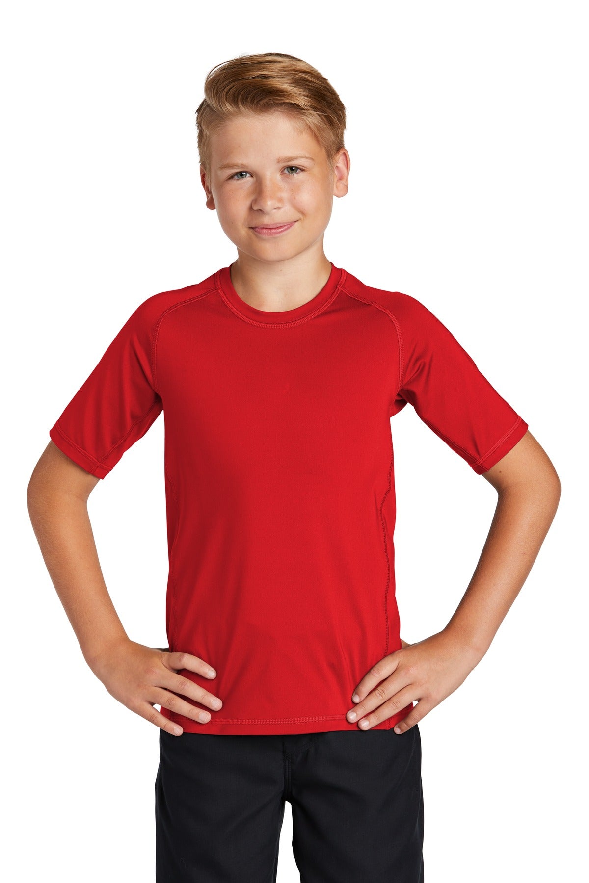 Front View of True Red Sport-Tek Youth Rashguard Tee. YST470