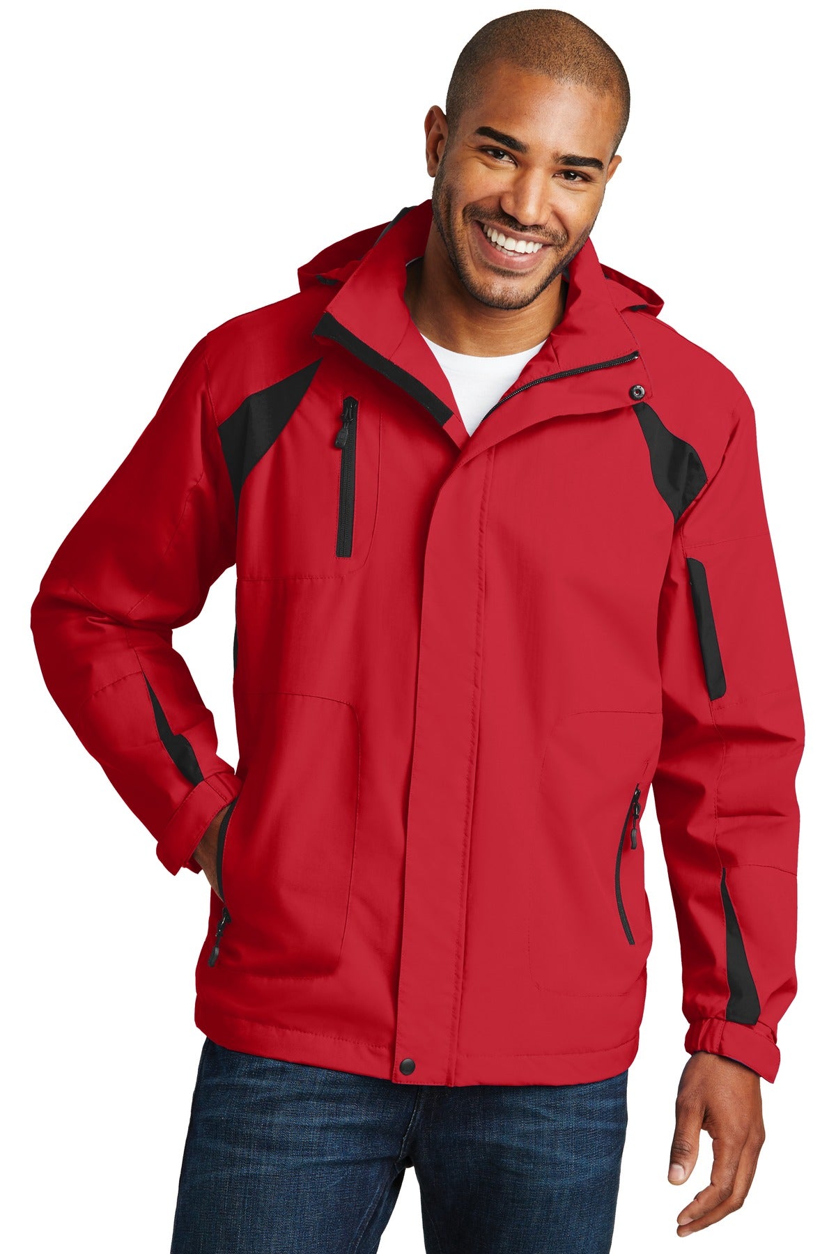 Front View of True Red/Black Port Authority All-Season II Jacket. J304