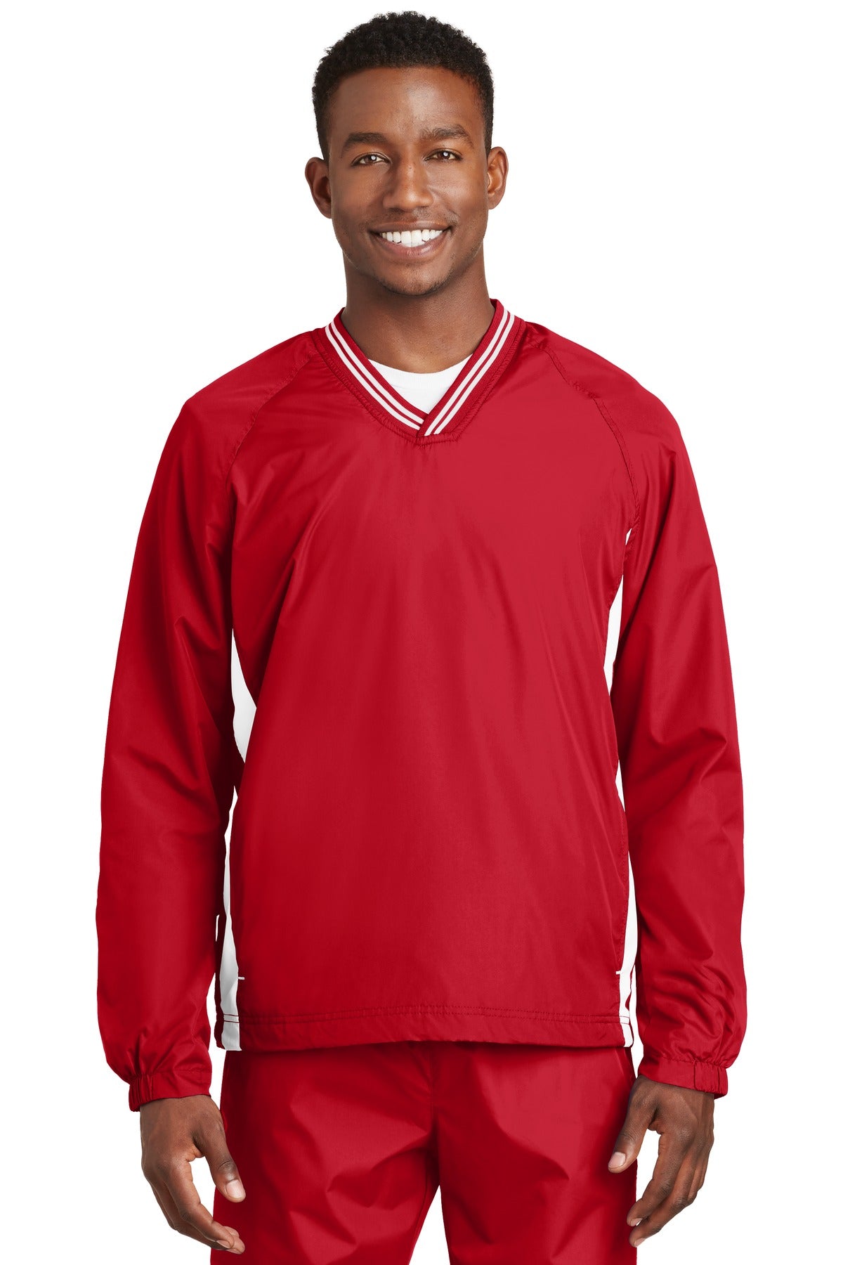 Front View of True Red/White Sport-Tek Tipped V-Neck Raglan Wind Shirt. JST62