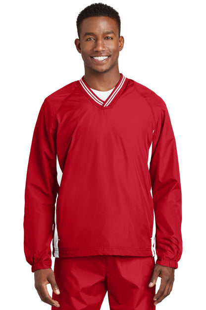Front View of True Red/White Sport-Tek Tipped V-Neck Raglan Wind Shirt. JST62