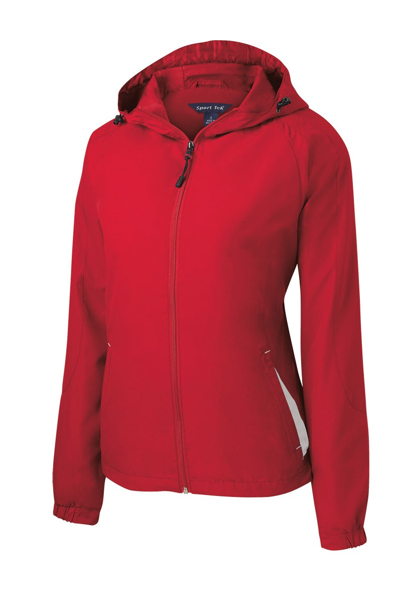 Front View of True Red/Wht Sport-Tek Women's Colorblock Hooded Raglan Jacket. LST76