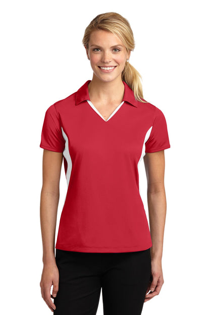 Front View of True Red/Wht Sport-Tek Women's Side Blocked Micropique Sport-Wick Polo. LST655