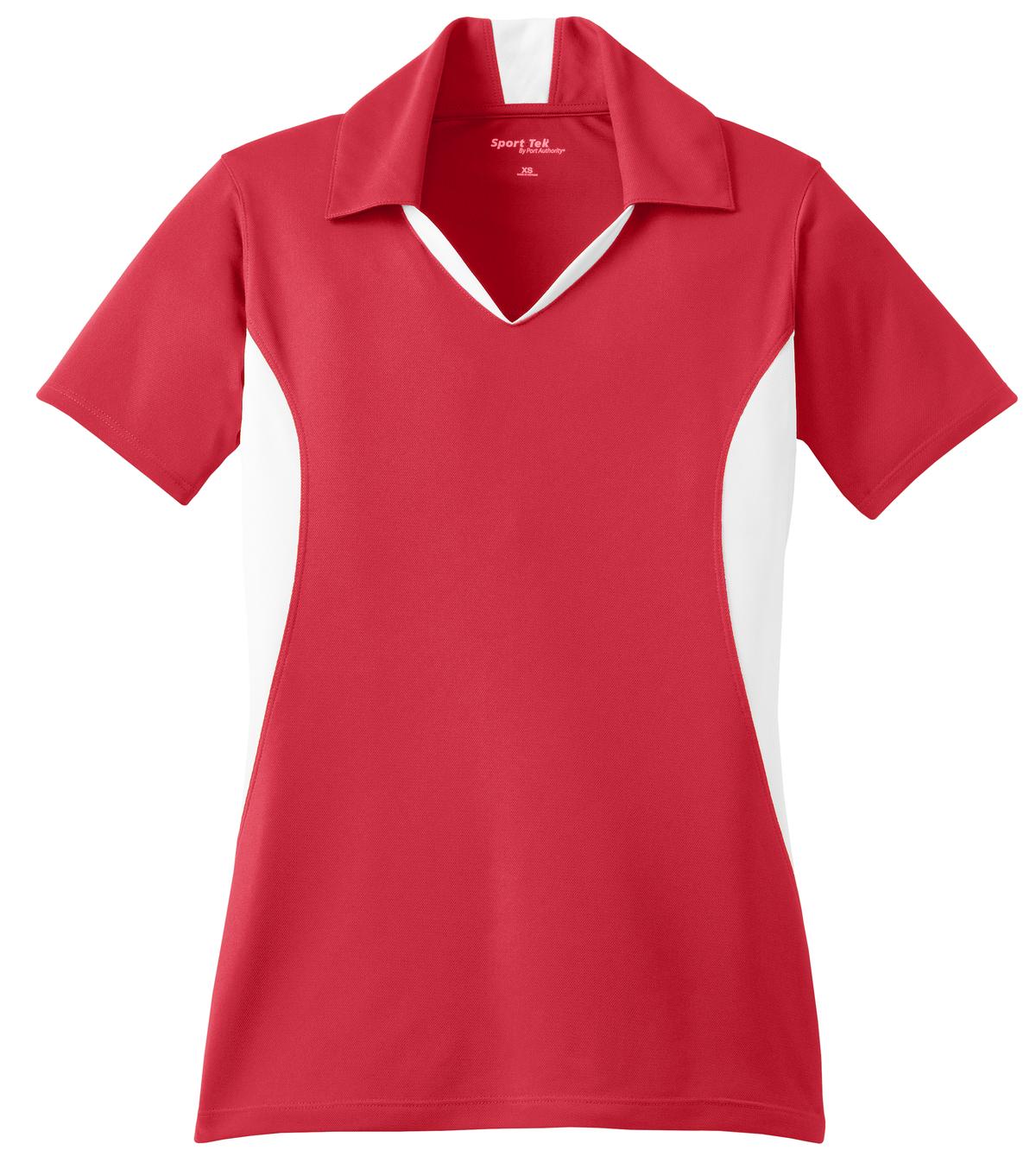 Front View of True Red/Wht Sport-Tek Women's Side Blocked Micropique Sport-Wick Polo. LST655