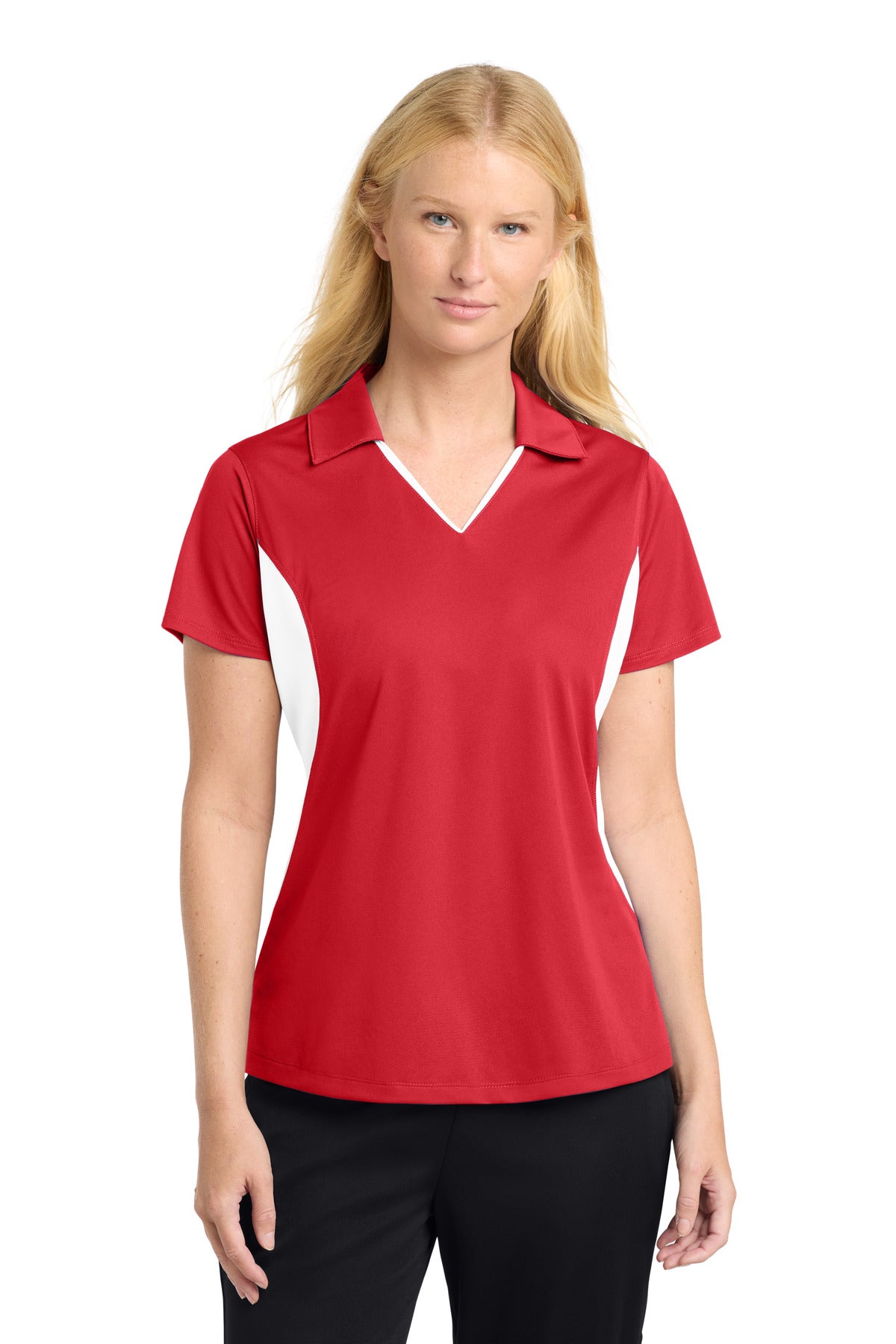 Front View of True Red/Wht Sport-Tek Women's Side Blocked Micropique Sport-Wick Polo. LST655