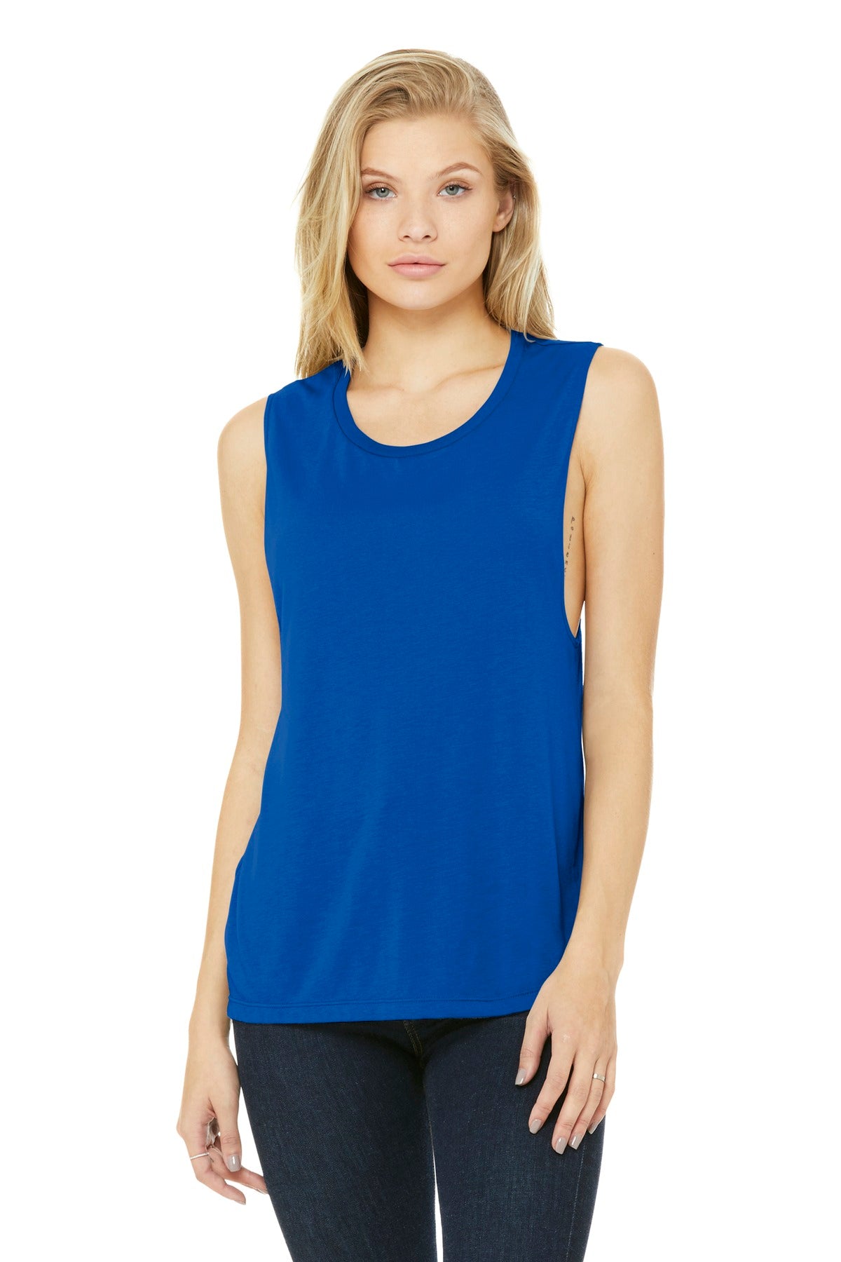 Front View of True Royal BELLA+CANVAS Women's Flowy Scoop Muscle Tank. BC8803