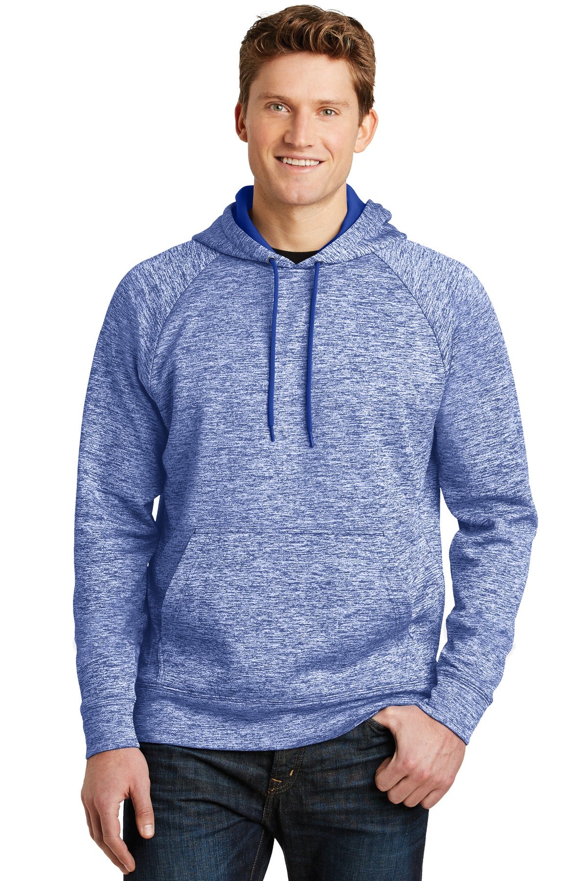Front View of True Royal Ele Sport-Tek PosiCharge Electric Heather Fleece Hooded Pullover. ST225