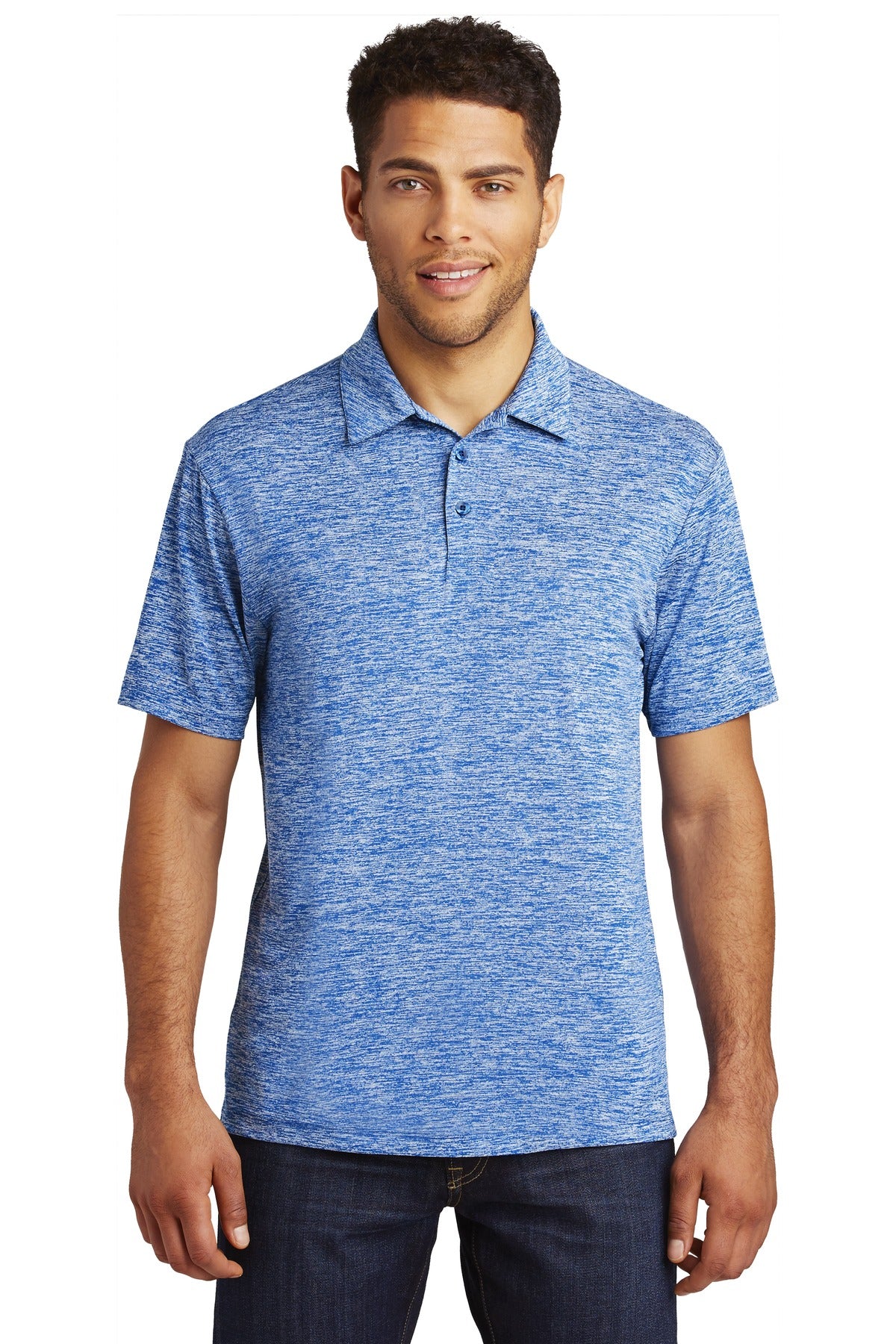 Front View of True Royal Ele Sport-Tek PosiCharge Electric Heather Polo. ST590