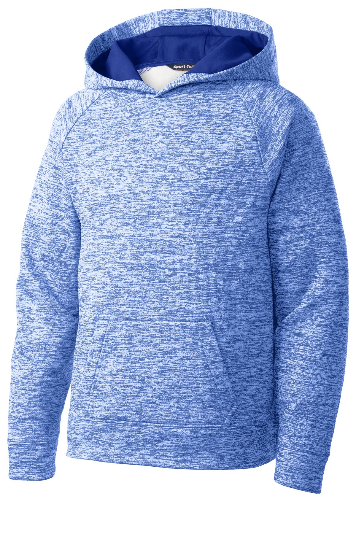 Front View of True Royal Ele Sport-Tek Youth PosiCharge Electric Heather Fleece Hooded Pullover. YST225