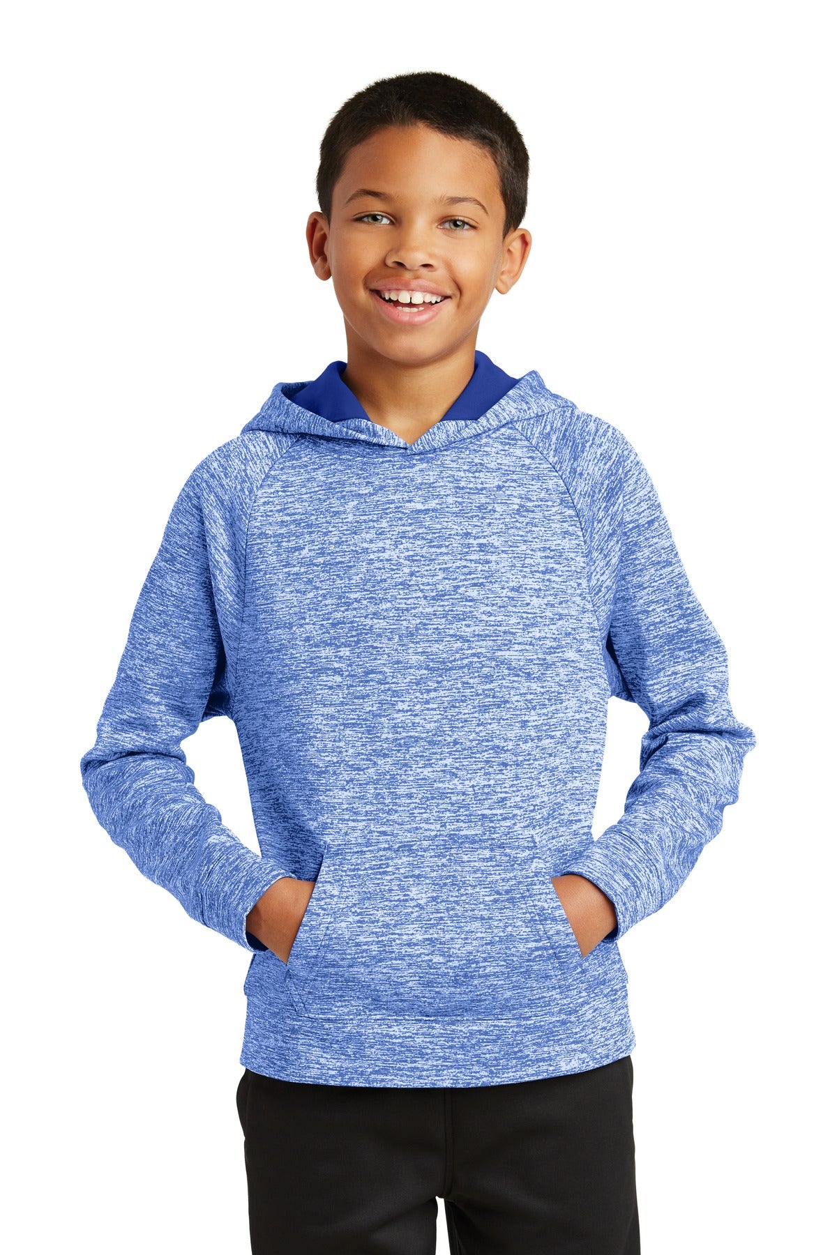 Front View of True Royal Ele Sport-Tek Youth PosiCharge Electric Heather Fleece Hooded Pullover. YST225